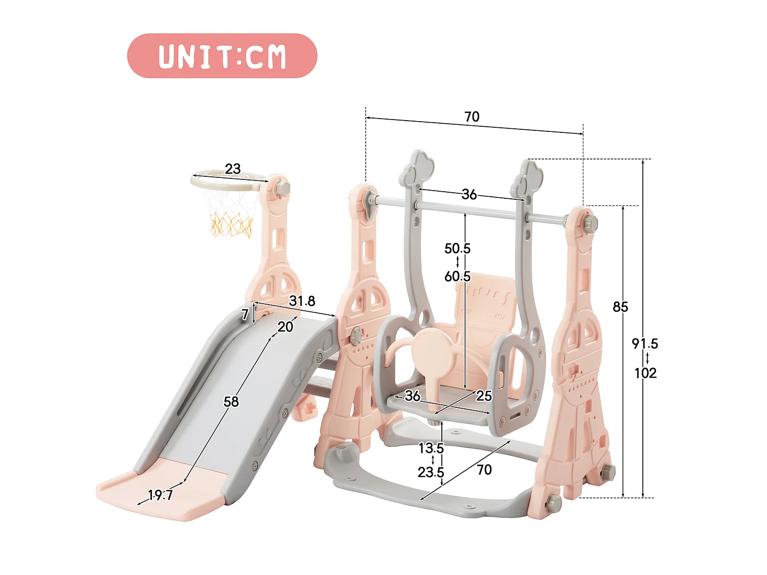 Ensemble de jeu 4‑en‑1 pour enfants,toboggan panier de basket et chaise à bascule,Adapté pour usage intérieur et extérieur,couleur rose
