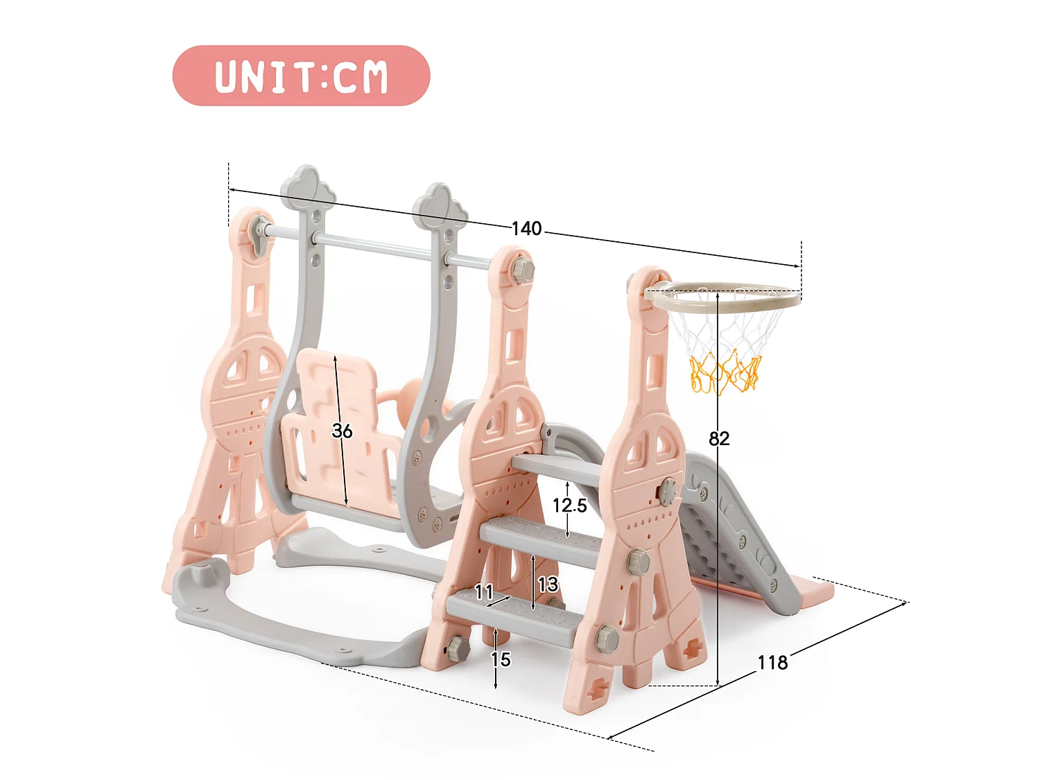 Ensemble de jeu 4‑en‑1 pour enfants,toboggan panier de basket et chaise à bascule,Adapté pour usage intérieur et extérieur,couleur rose
