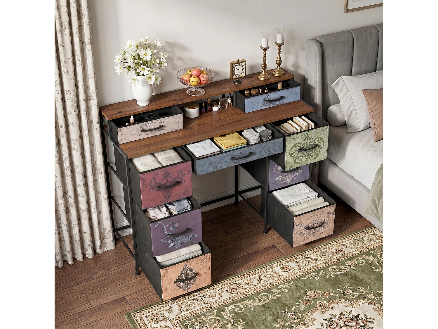 Coiffeuse Avec 9 Tiroirs En Tissu,Miroir À Maquiller Style Vintage,Anti-Basculement Et Pieds Réglables Pour Chambre,121x40x91,2cm