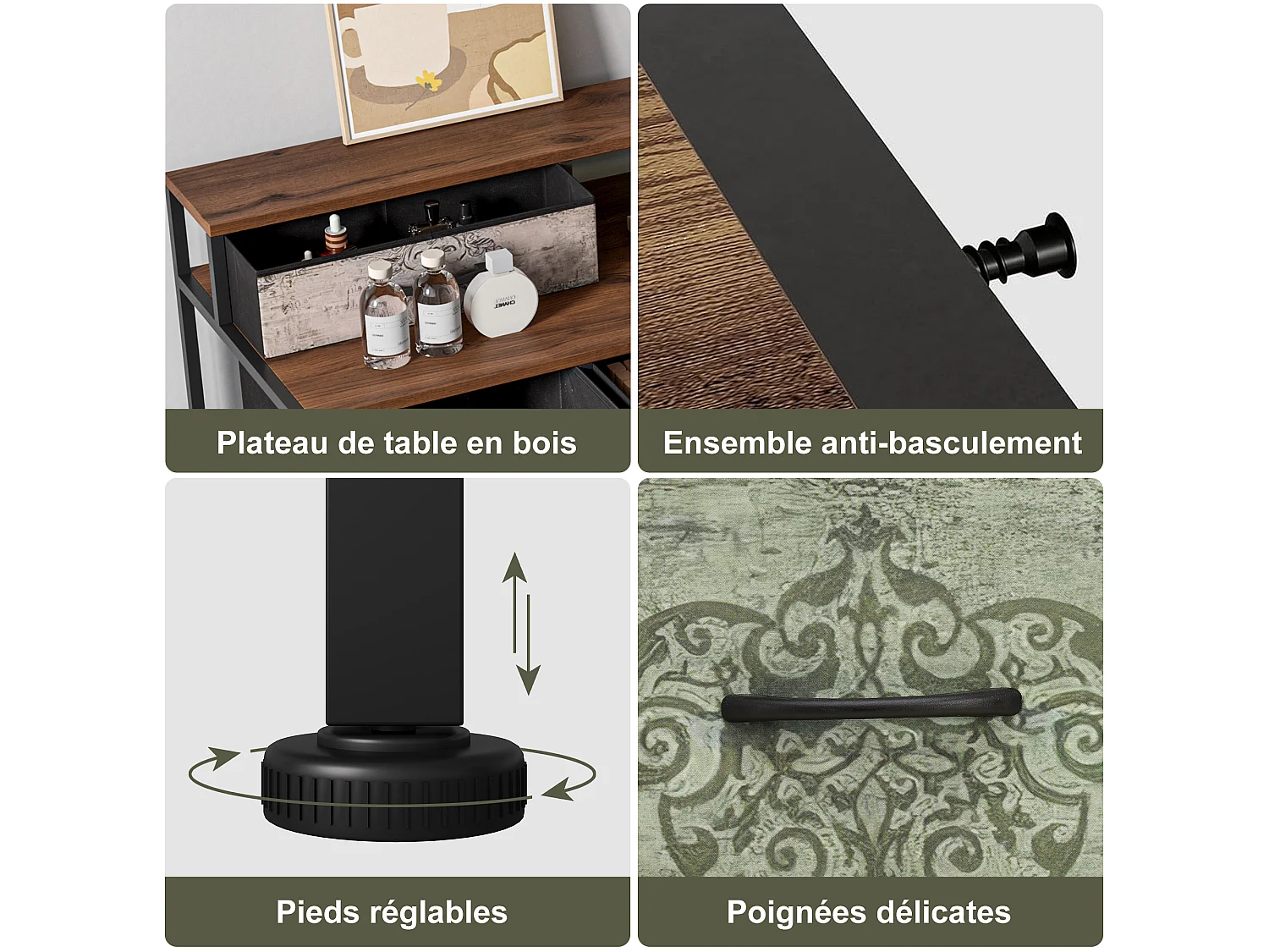 Coiffeuse Avec 9 Tiroirs En Tissu,Miroir À Maquiller Style Vintage,Anti-Basculement Et Pieds Réglables Pour Chambre,121x40x91,2cm