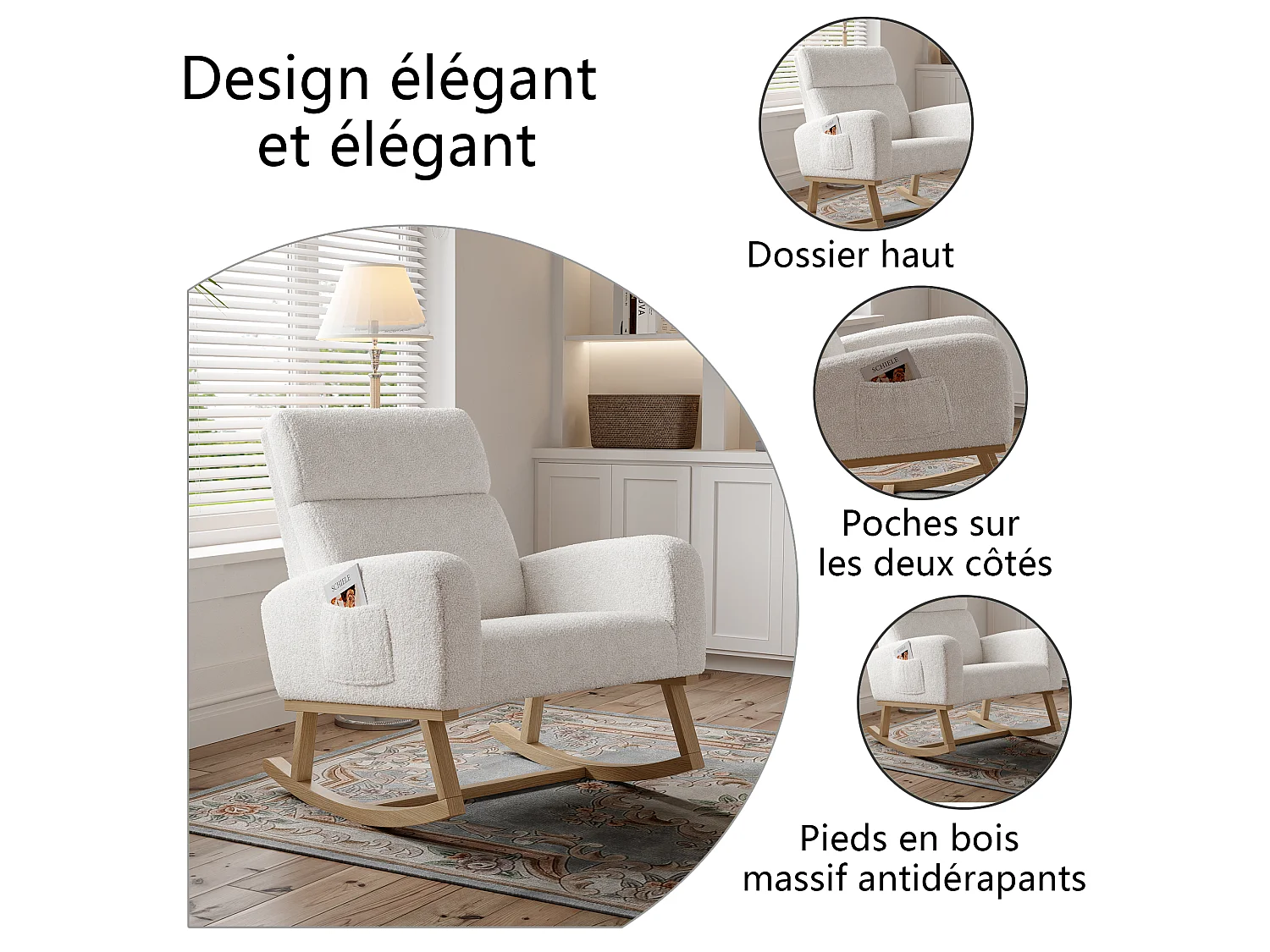 Fauteuil À Bascules En Tissu Teddy Blanc, Poltrone Avec Poches Latérales, Assise Élargie Pour Salon Et Chambre