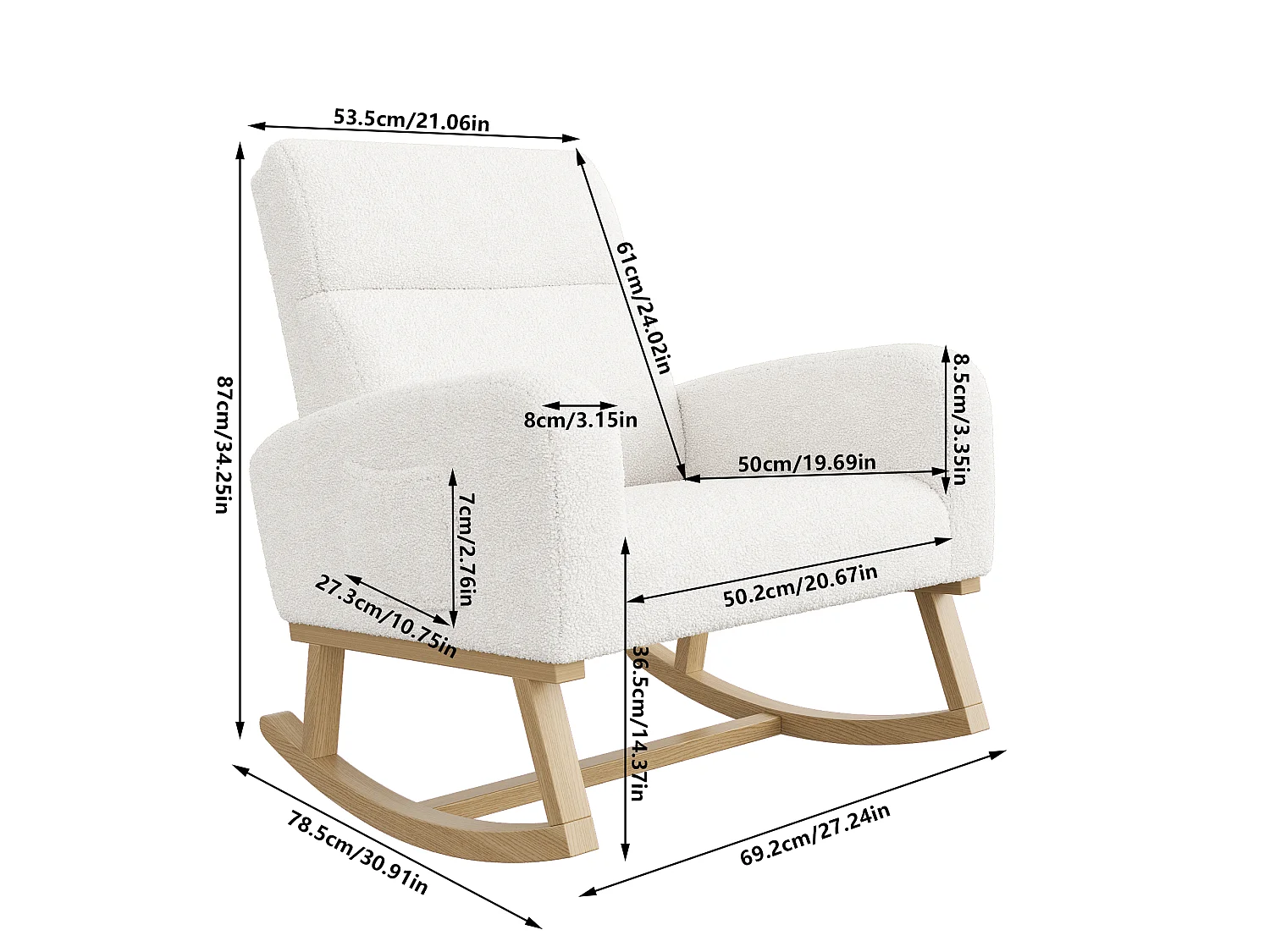 Fauteuil À Bascules En Tissu Teddy Blanc, Poltrone Avec Poches Latérales, Assise Élargie Pour Salon Et Chambre