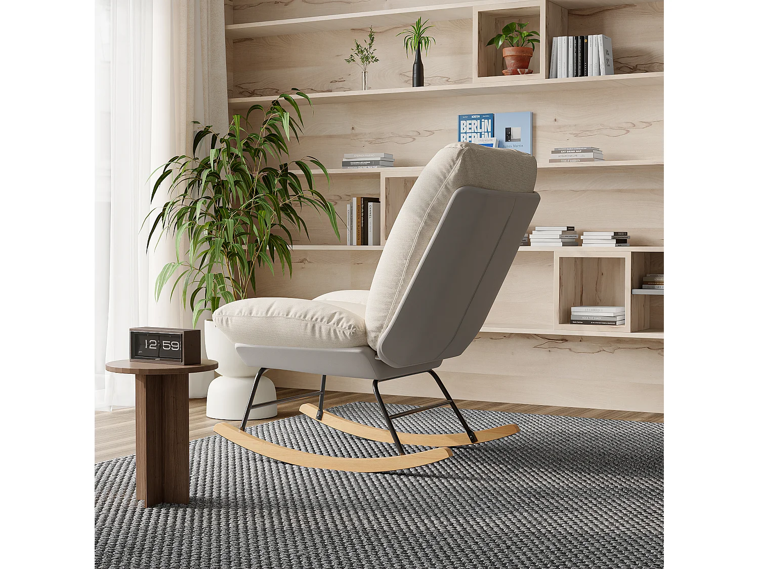 Fauteuil À Bascules Inclinable Réglable, Tissu Lin Beige Et Tissu Technique Gris, Poltrone Avec Dossier Modulaire Pour Salon Et Chambre