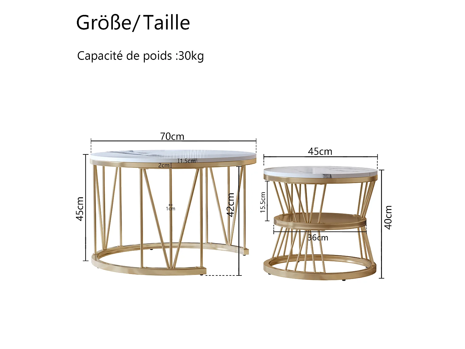 Set van 2 ronde, in elkaar passende salontafels met blad in wit marmerlook en gouden metalen frame (70 cm + 45 cm)
