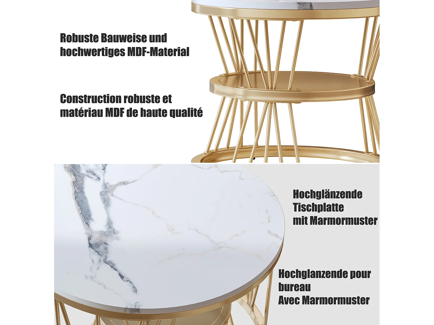 Set van 2 ronde, in elkaar passende salontafels met blad in wit marmerlook en gouden metalen frame (70 cm + 45 cm)