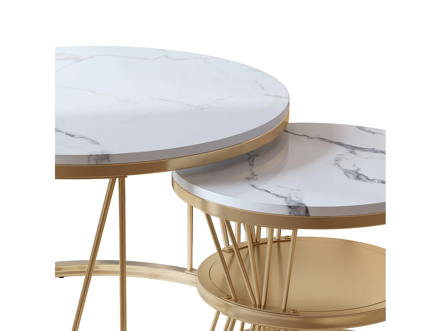 Set van 2 ronde, in elkaar passende salontafels met blad in wit marmerlook en gouden metalen frame (70 cm + 45 cm)
