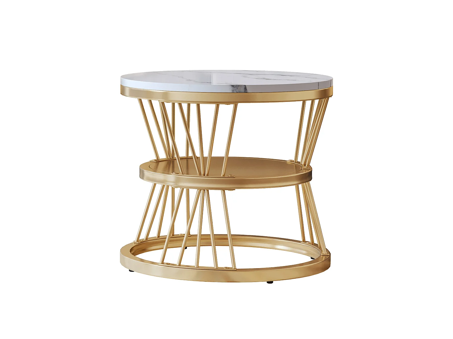 Set van 2 ronde, in elkaar passende salontafels met blad in wit marmerlook en gouden metalen frame (70 cm + 45 cm)