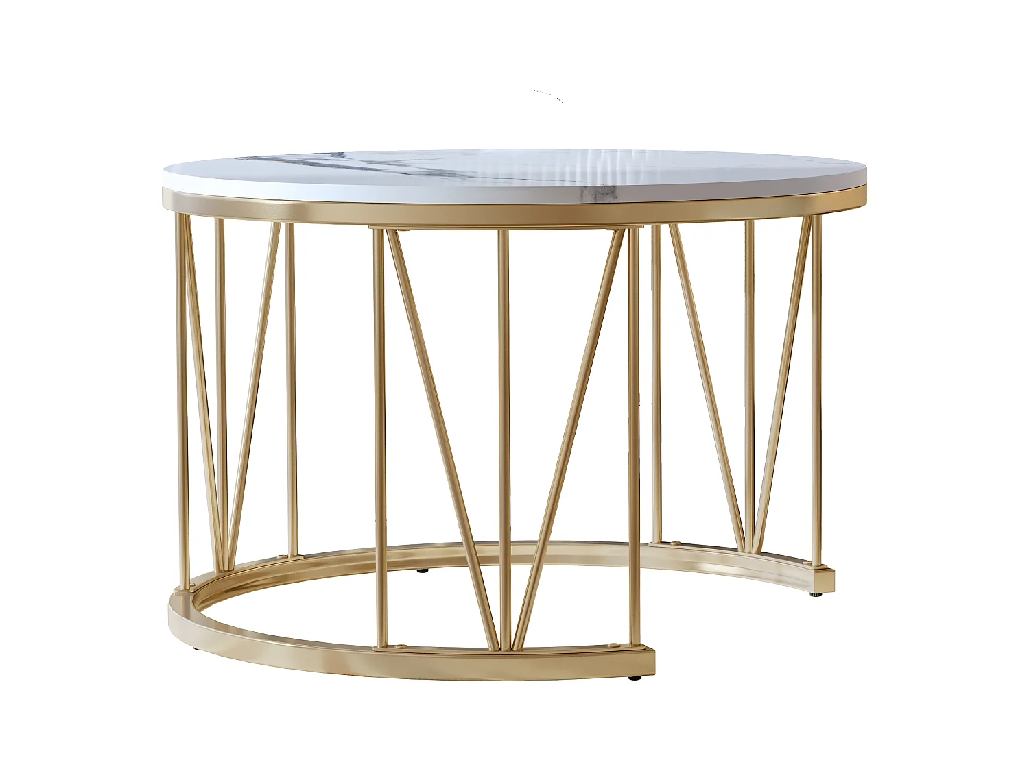 Set van 2 ronde, in elkaar passende salontafels met blad in wit marmerlook en gouden metalen frame (70 cm + 45 cm)