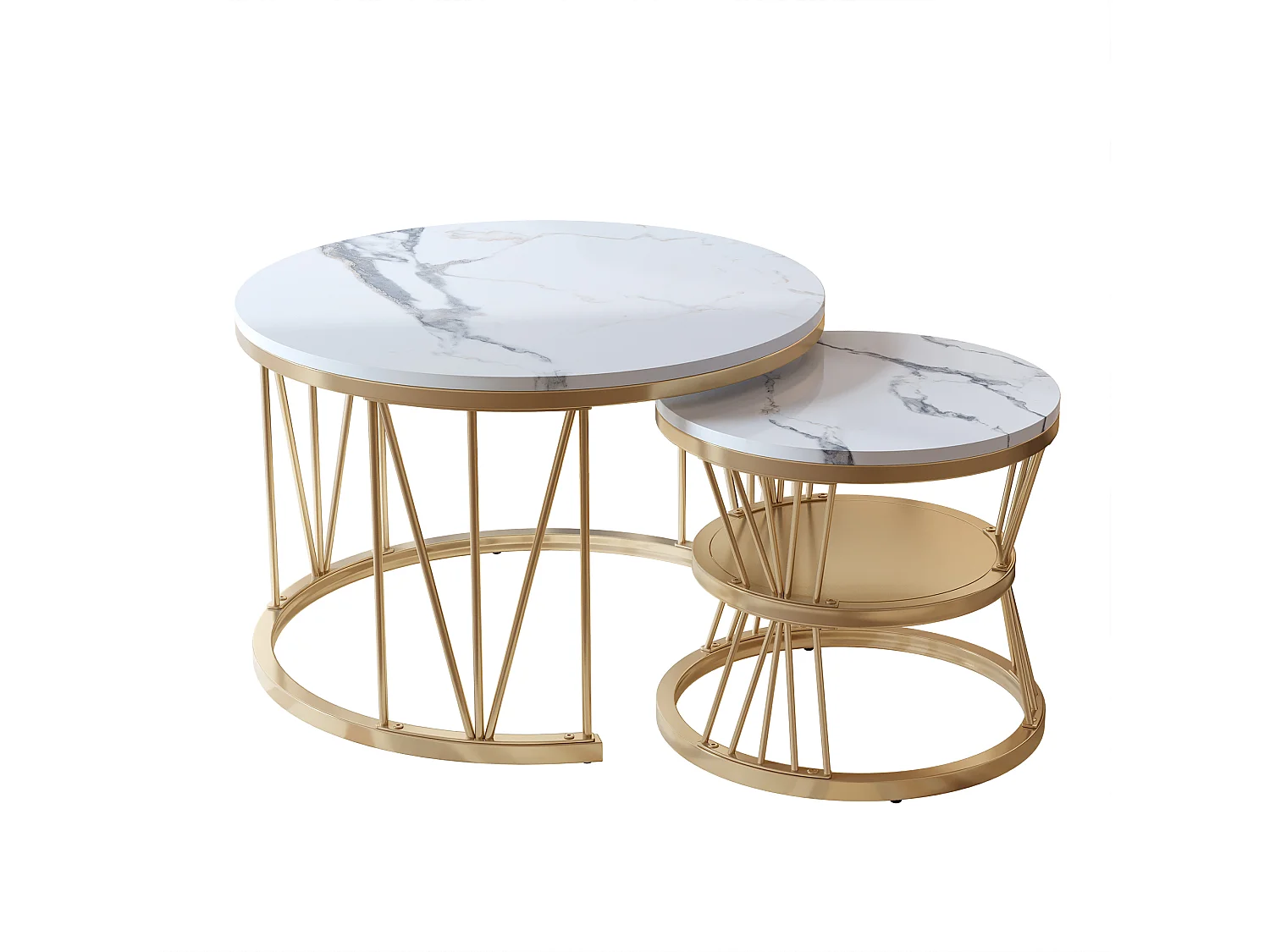 Set van 2 ronde, in elkaar passende salontafels met blad in wit marmerlook en gouden metalen frame (70 cm + 45 cm)