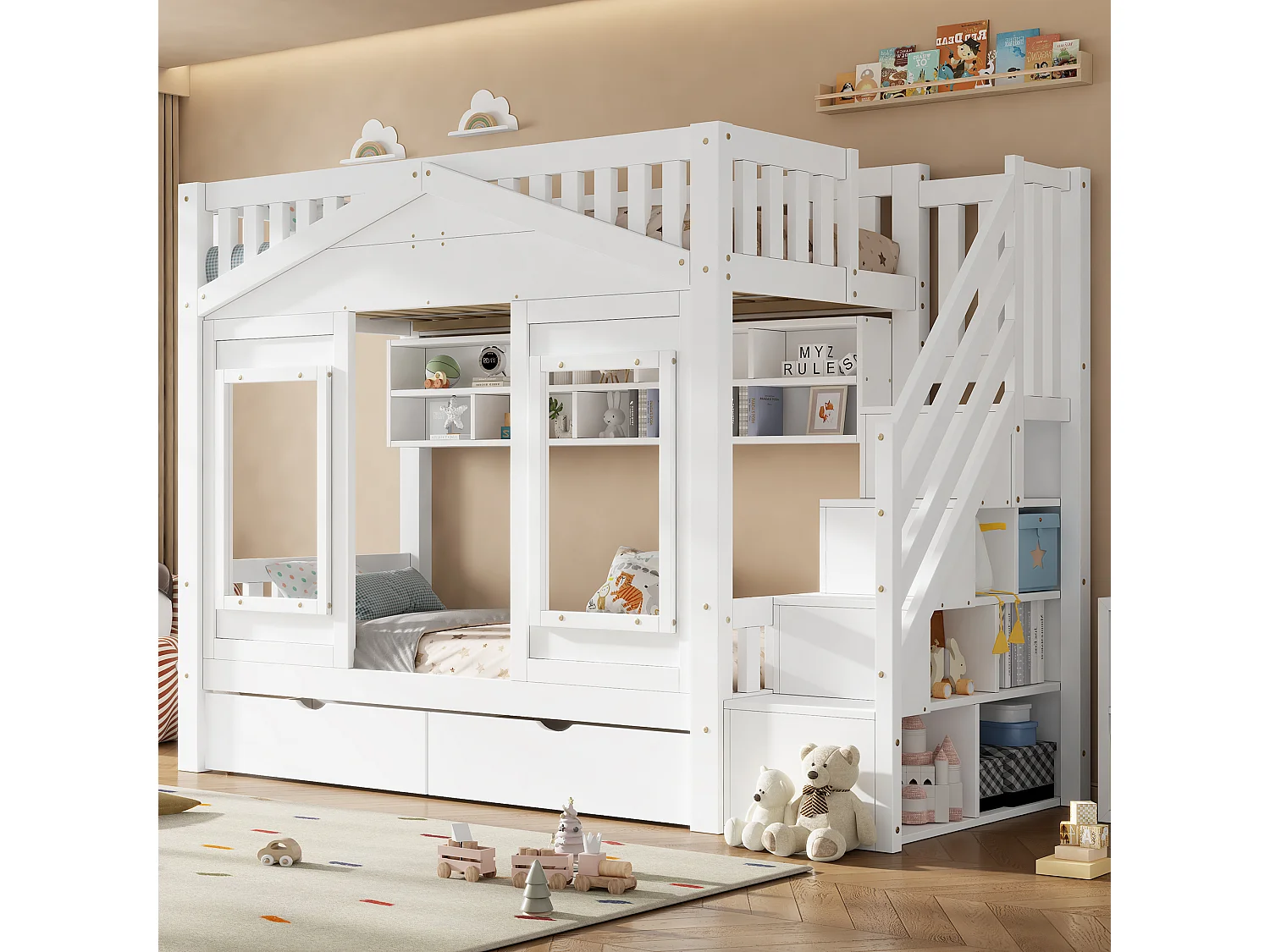 Etagenbett 90 x 200 cm mit 2 Schubladen, Stauraumtreppe und Fenster – Kiefer + MDF – Weiß (Matratze nicht enthalten)