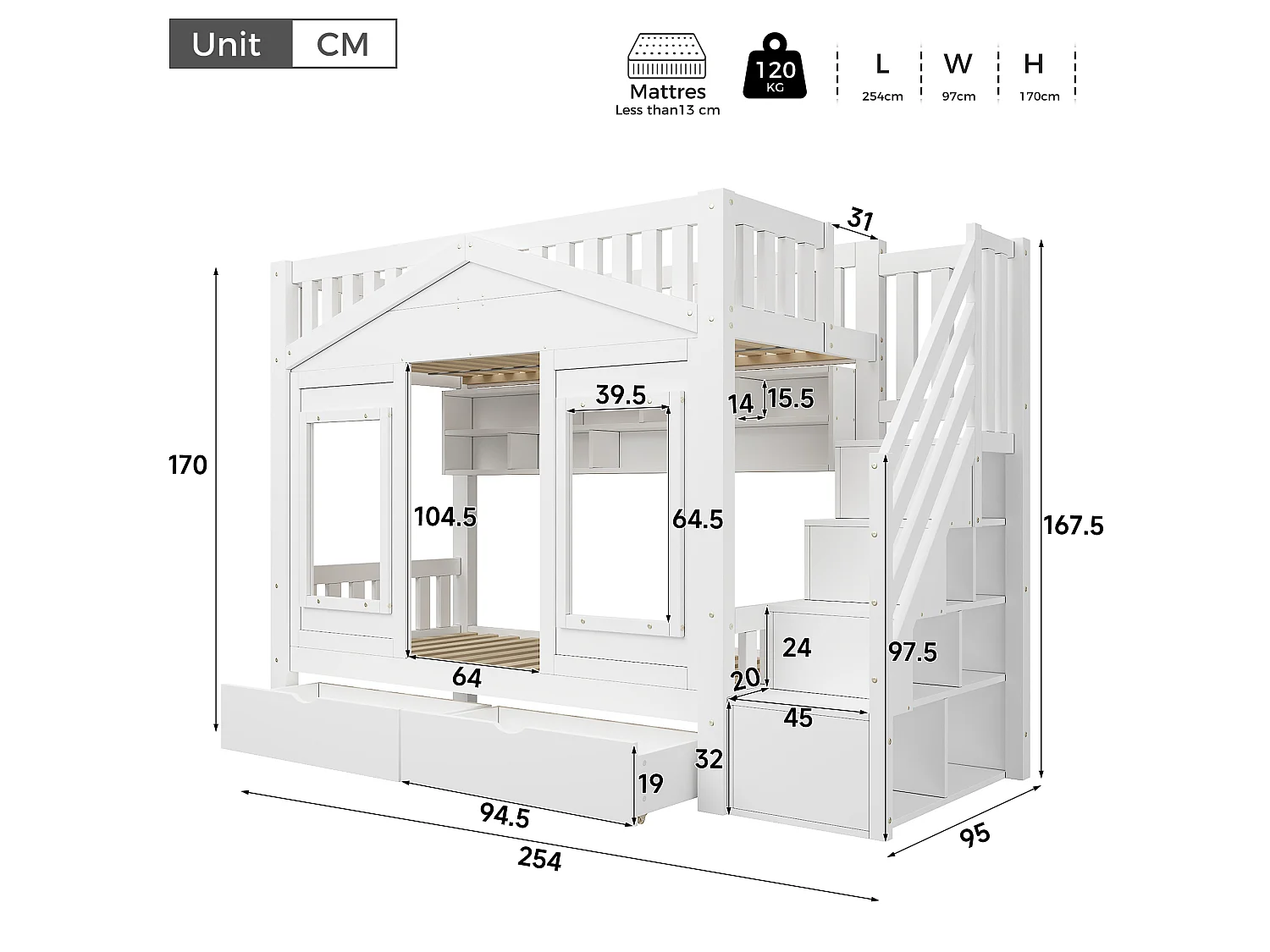 Etagenbett 90 x 200 cm mit 2 Schubladen, Stauraumtreppe und Fenster – Kiefer + MDF – Weiß (Matratze nicht enthalten)