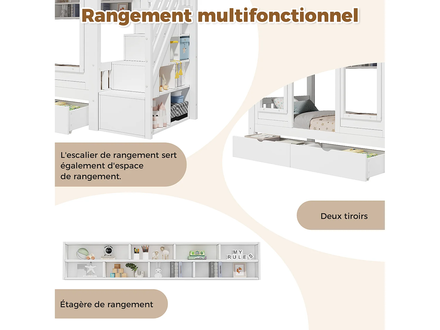 Etagenbett 90 x 200 cm mit 2 Schubladen, Stauraumtreppe und Fenster – Kiefer + MDF – Weiß (Matratze nicht enthalten)