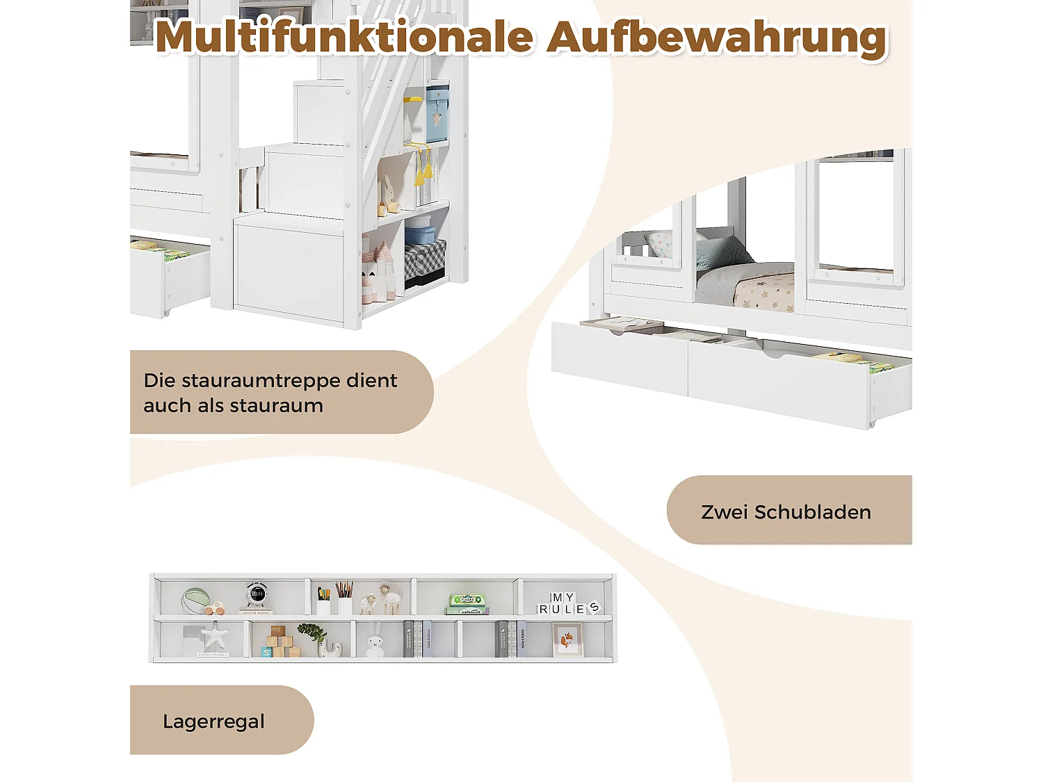 Etagenbett 90 x 200 cm mit 2 Schubladen, Stauraumtreppe und Fenster – Kiefer + MDF – Weiß (Matratze nicht enthalten)