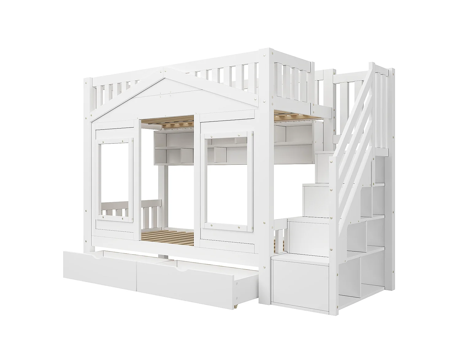 Etagenbett 90 x 200 cm mit 2 Schubladen, Stauraumtreppe und Fenster – Kiefer + MDF – Weiß (Matratze nicht enthalten)