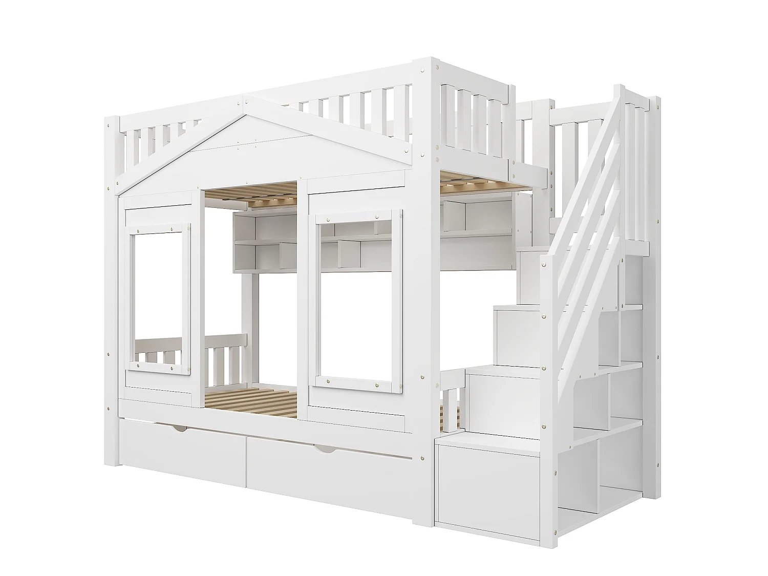 Etagenbett 90 x 200 cm mit 2 Schubladen, Stauraumtreppe und Fenster – Kiefer + MDF – Weiß (Matratze nicht enthalten)