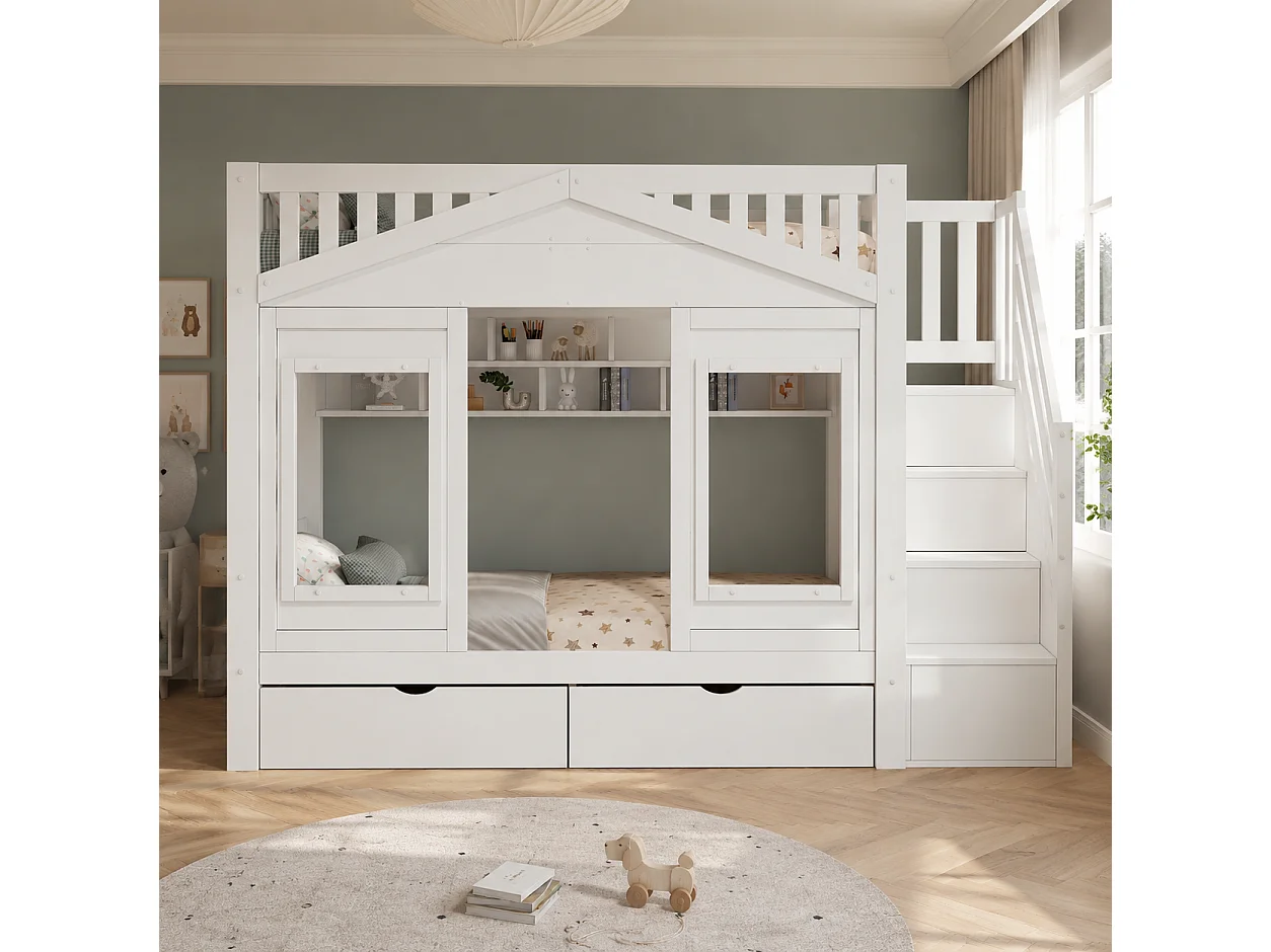 Etagenbett 90 x 200 cm mit 2 Schubladen, Stauraumtreppe und Fenster – Kiefer + MDF – Weiß (Matratze nicht enthalten)