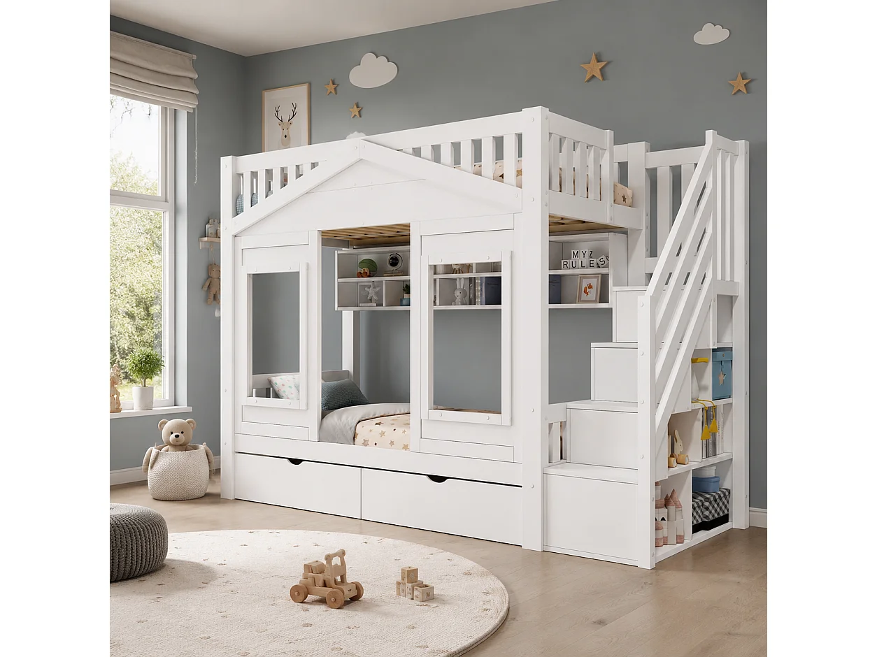 Etagenbett 90 x 200 cm mit 2 Schubladen, Stauraumtreppe und Fenster – Kiefer + MDF – Weiß (Matratze nicht enthalten)