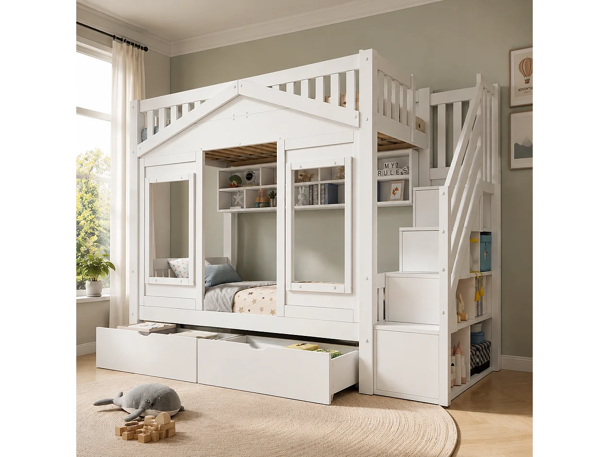 Etagenbett 90 x 200 cm mit 2 Schubladen, Stauraumtreppe und Fenster – Kiefer + MDF – Weiß (Matratze nicht enthalten)