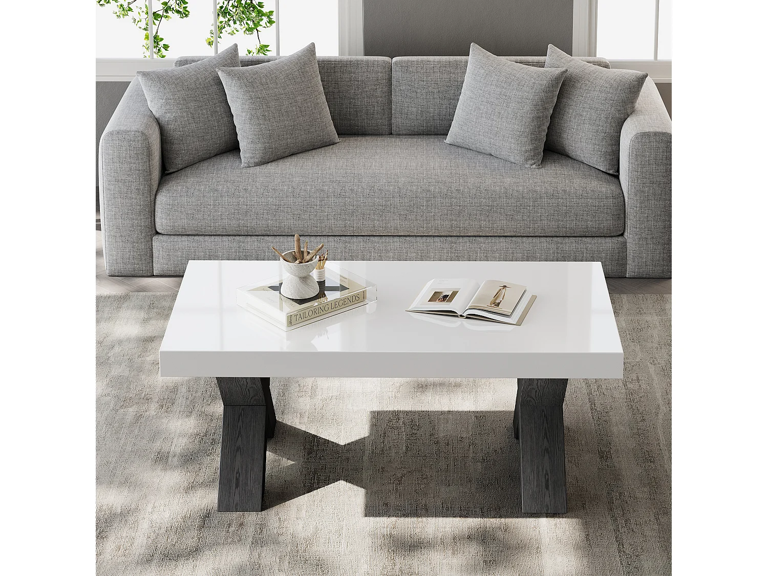 Designer coffee table with a glossy lacquered top, geometric X-shaped legs, and a modern style - MDF - 100 x 50 x 40 cm - White and black
