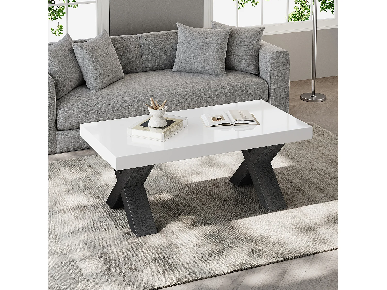 Designer coffee table with a glossy lacquered top, geometric X-shaped legs, and a modern style - MDF - 100 x 50 x 40 cm - White and black