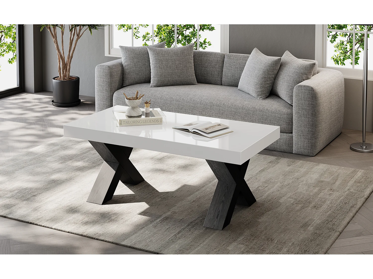 Designer coffee table with a glossy lacquered top, geometric X-shaped legs, and a modern style - MDF - 100 x 50 x 40 cm - White and black