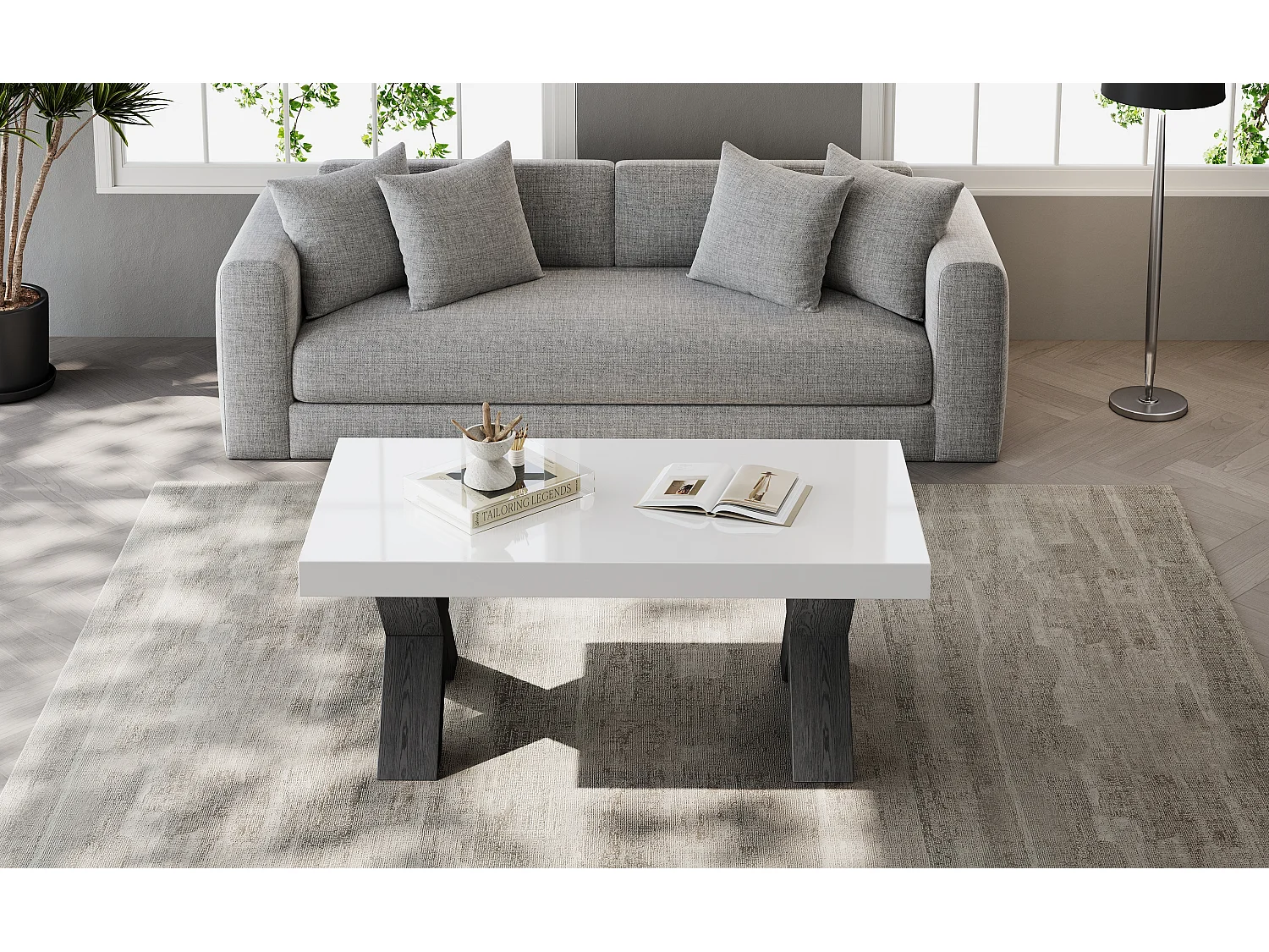 Designer coffee table with a glossy lacquered top, geometric X-shaped legs, and a modern style - MDF - 100 x 50 x 40 cm - White and black