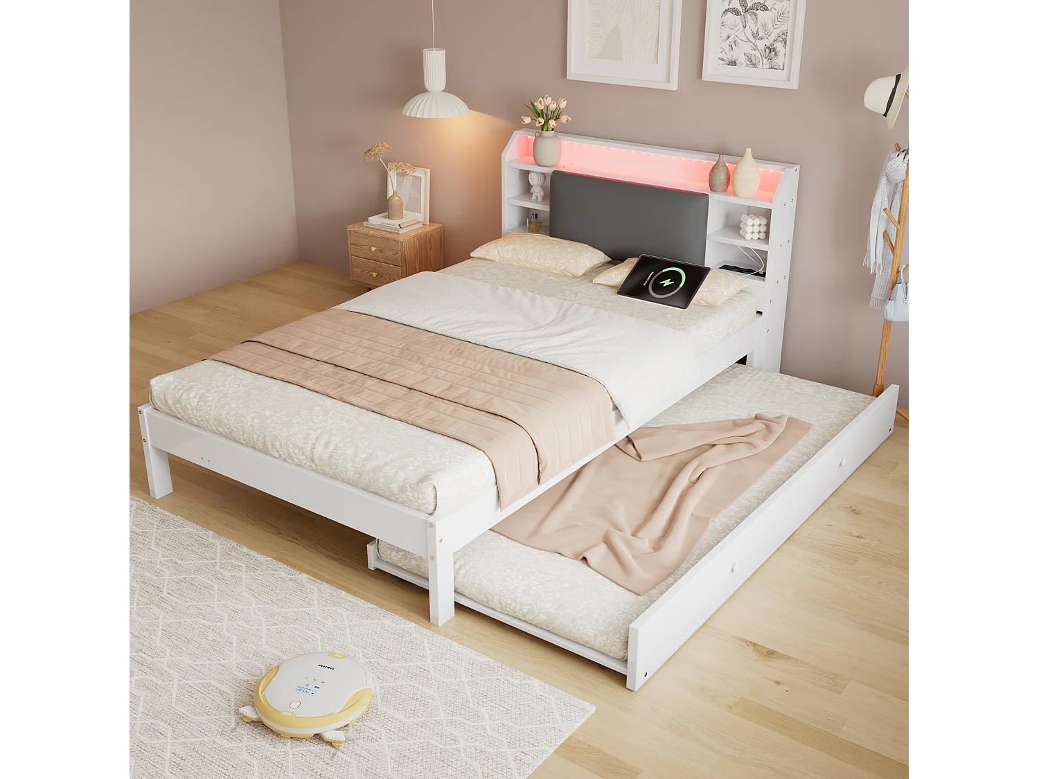 Lit gigogne 120 x 200 cm + 90 x 190 cm avec LED, compartiments et prises, couchage d’appoint réversible – Pin + MDF – Blanc (Sans matelas)