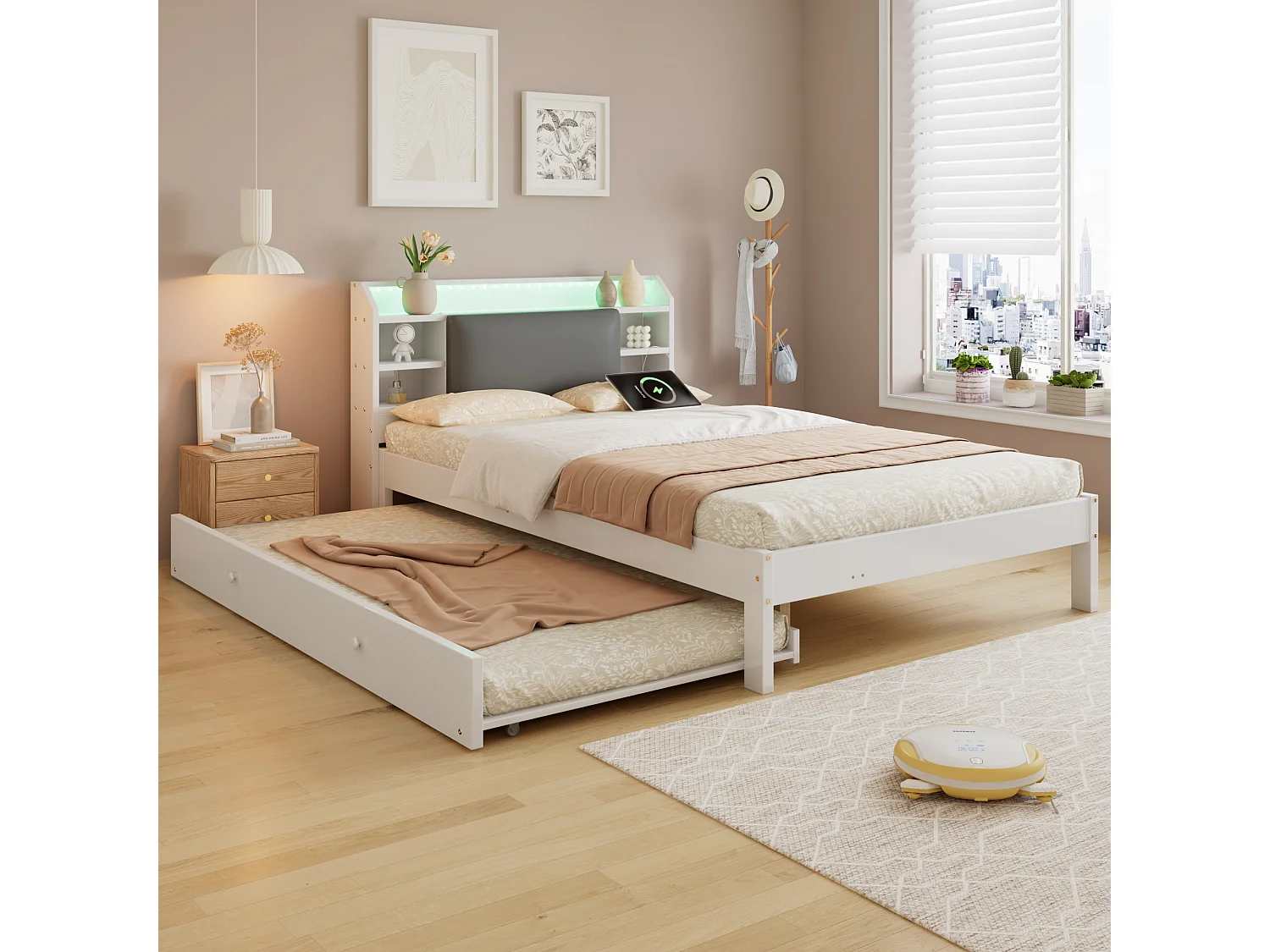 Lit gigogne 120 x 200 cm + 90 x 190 cm avec LED, compartiments et prises, couchage d’appoint réversible – Pin + MDF – Blanc (Sans matelas)