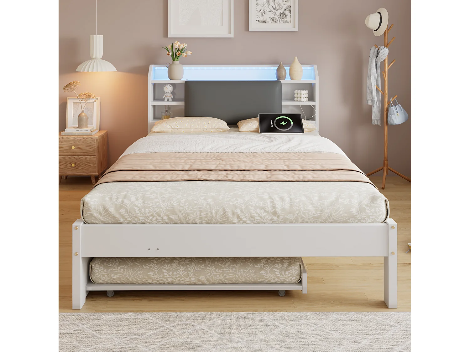 Lit gigogne 120 x 200 cm + 90 x 190 cm avec LED, compartiments et prises, couchage d’appoint réversible – Pin + MDF – Blanc (Sans matelas)