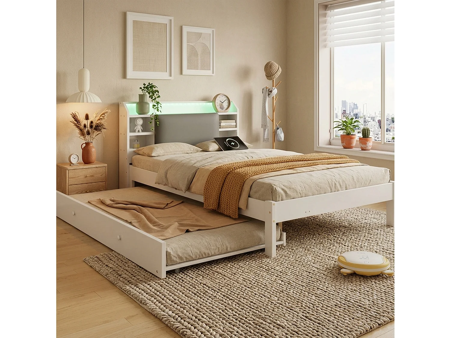 Lit gigogne 120 x 200 cm + 90 x 190 cm avec LED, compartiments et prises, couchage d’appoint réversible – Pin + MDF – Blanc (Sans matelas)