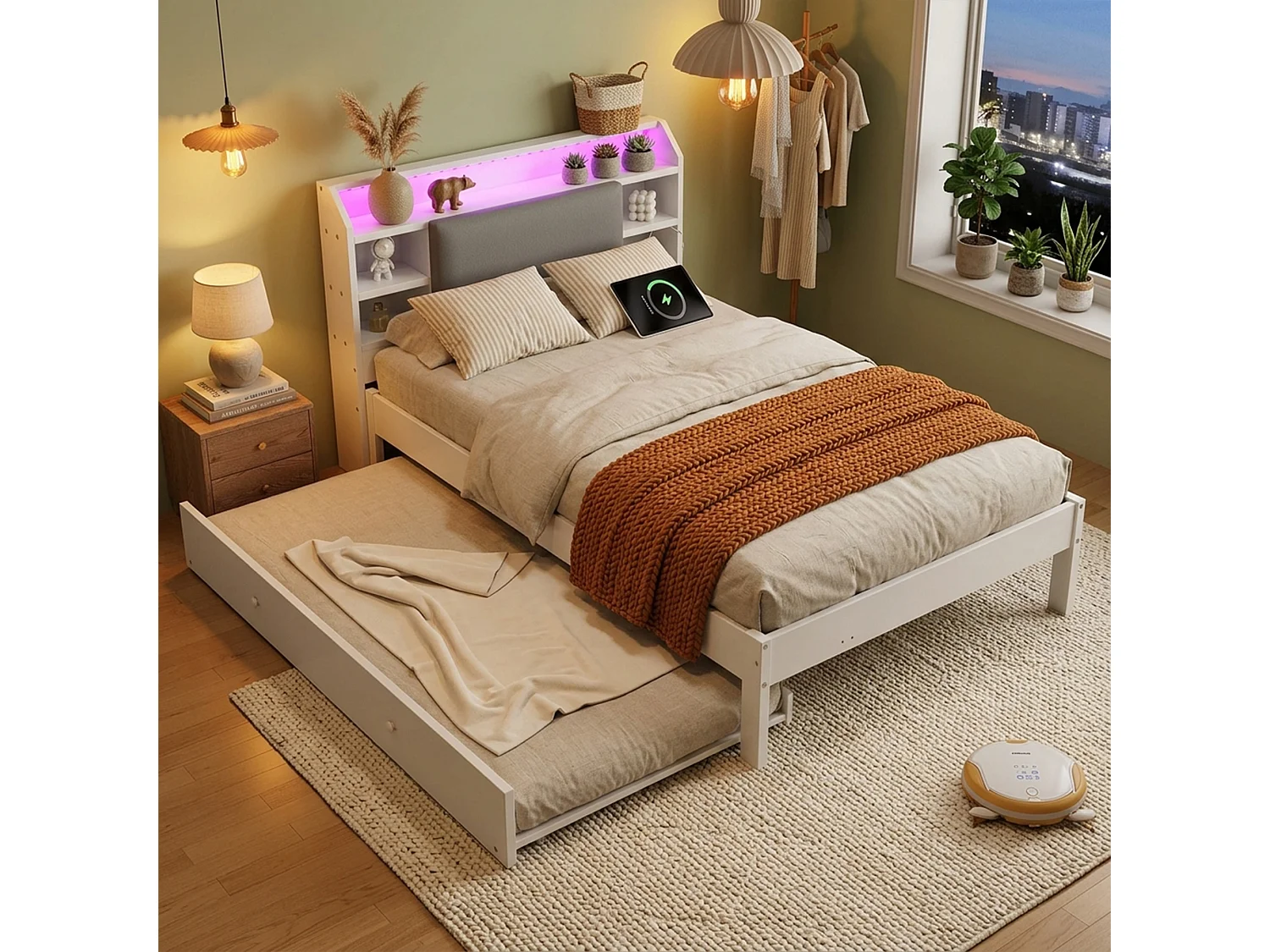 Lit gigogne 120 x 200 cm + 90 x 190 cm avec LED, compartiments et prises, couchage d’appoint réversible – Pin + MDF – Blanc (Sans matelas)