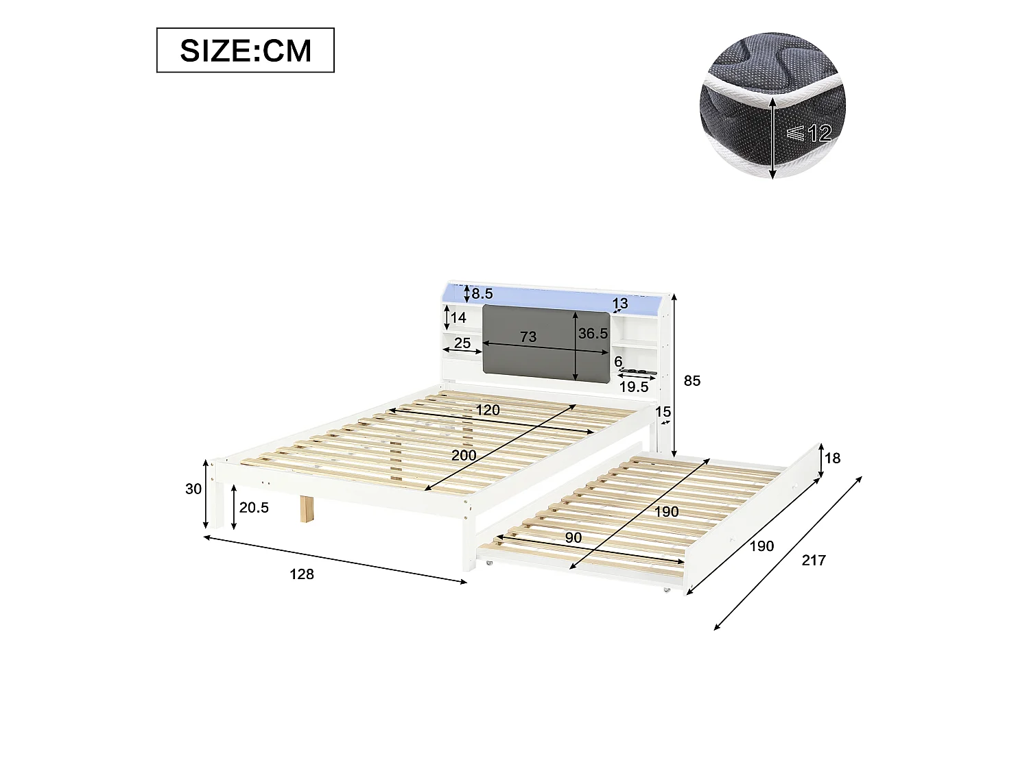 Lit gigogne 120 x 200 cm + 90 x 190 cm avec LED, compartiments et prises, couchage d’appoint réversible – Pin + MDF – Blanc (Sans matelas)