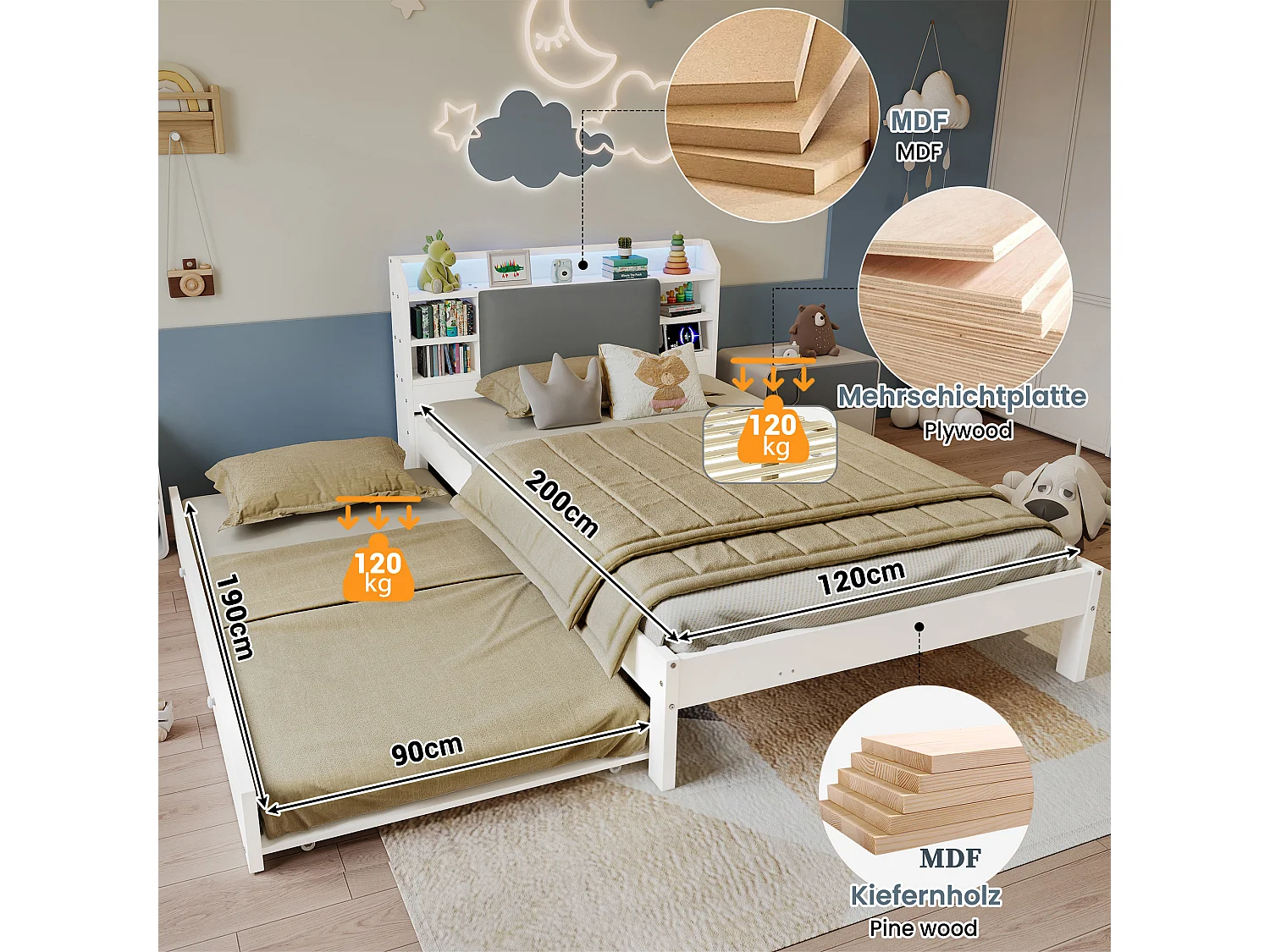 Lit gigogne 120 x 200 cm + 90 x 190 cm avec LED, compartiments et prises, couchage d’appoint réversible – Pin + MDF – Blanc (Sans matelas)