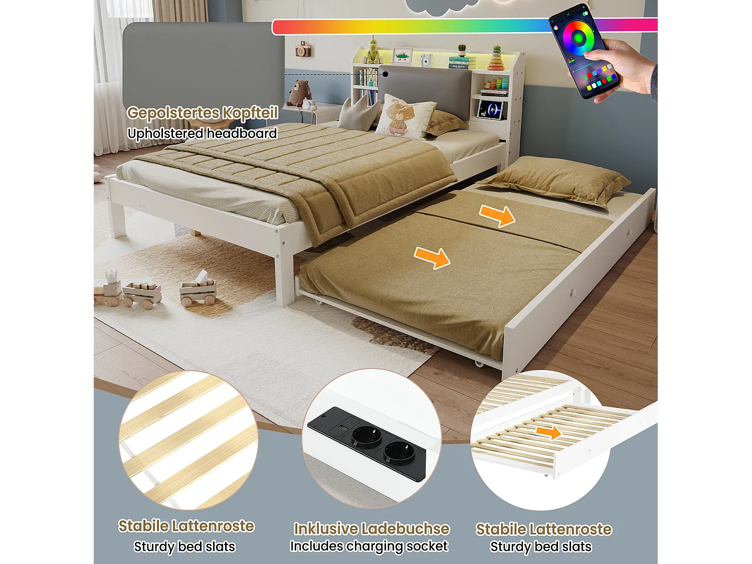 Lit gigogne 120 x 200 cm + 90 x 190 cm avec LED, compartiments et prises, couchage d’appoint réversible – Pin + MDF – Blanc (Sans matelas)