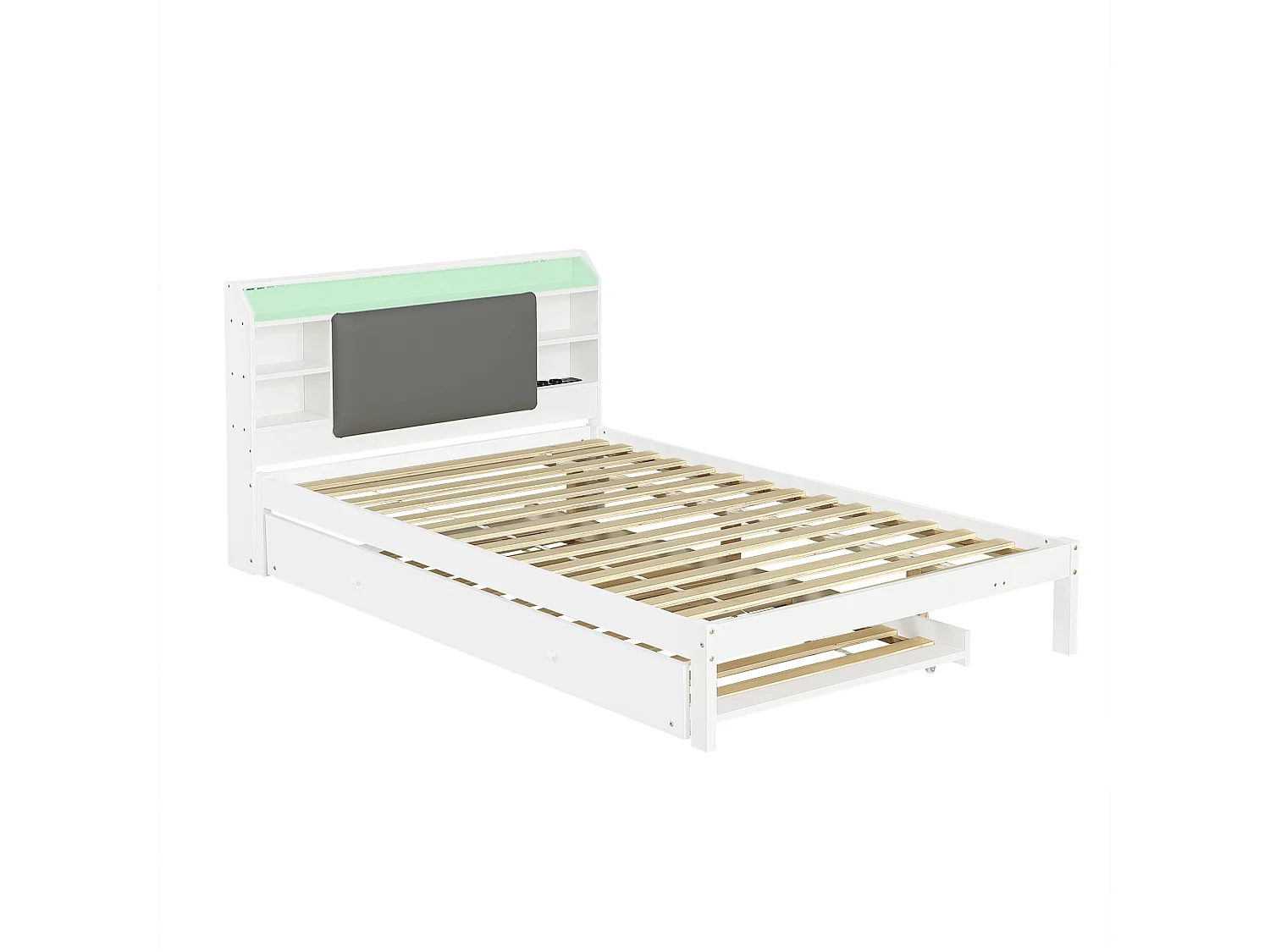 Lit gigogne 120 x 200 cm + 90 x 190 cm avec LED, compartiments et prises, couchage d’appoint réversible – Pin + MDF – Blanc (Sans matelas)