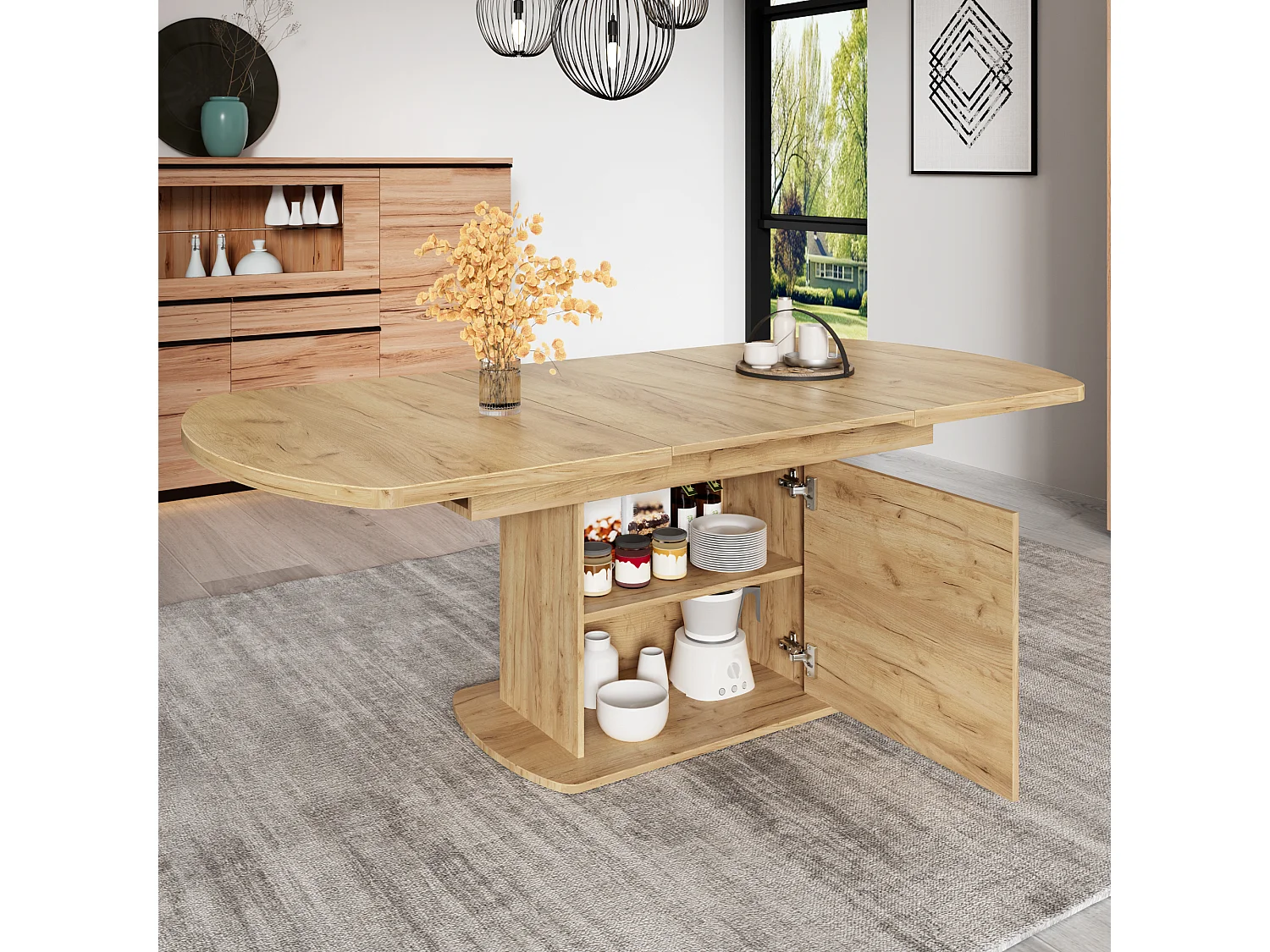 Table à manger extensible 200 x 80 cm pour 4 à 6 couverts avec 1 porte - Panneaux de particules - Chêne