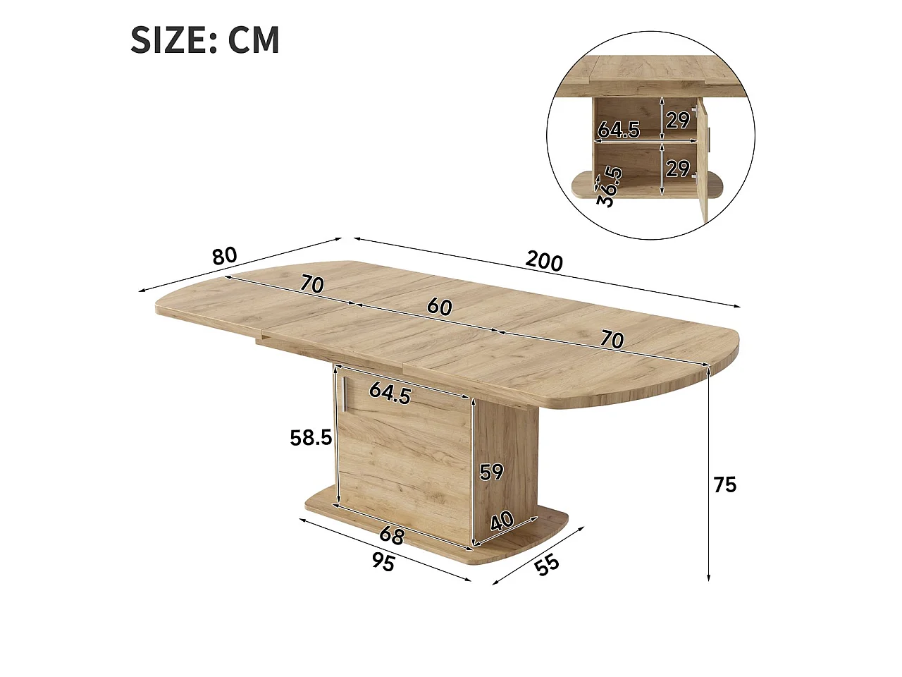 Table à manger extensible 200 x 80 cm pour 4 à 6 couverts avec 1 porte - Panneaux de particules - Chêne