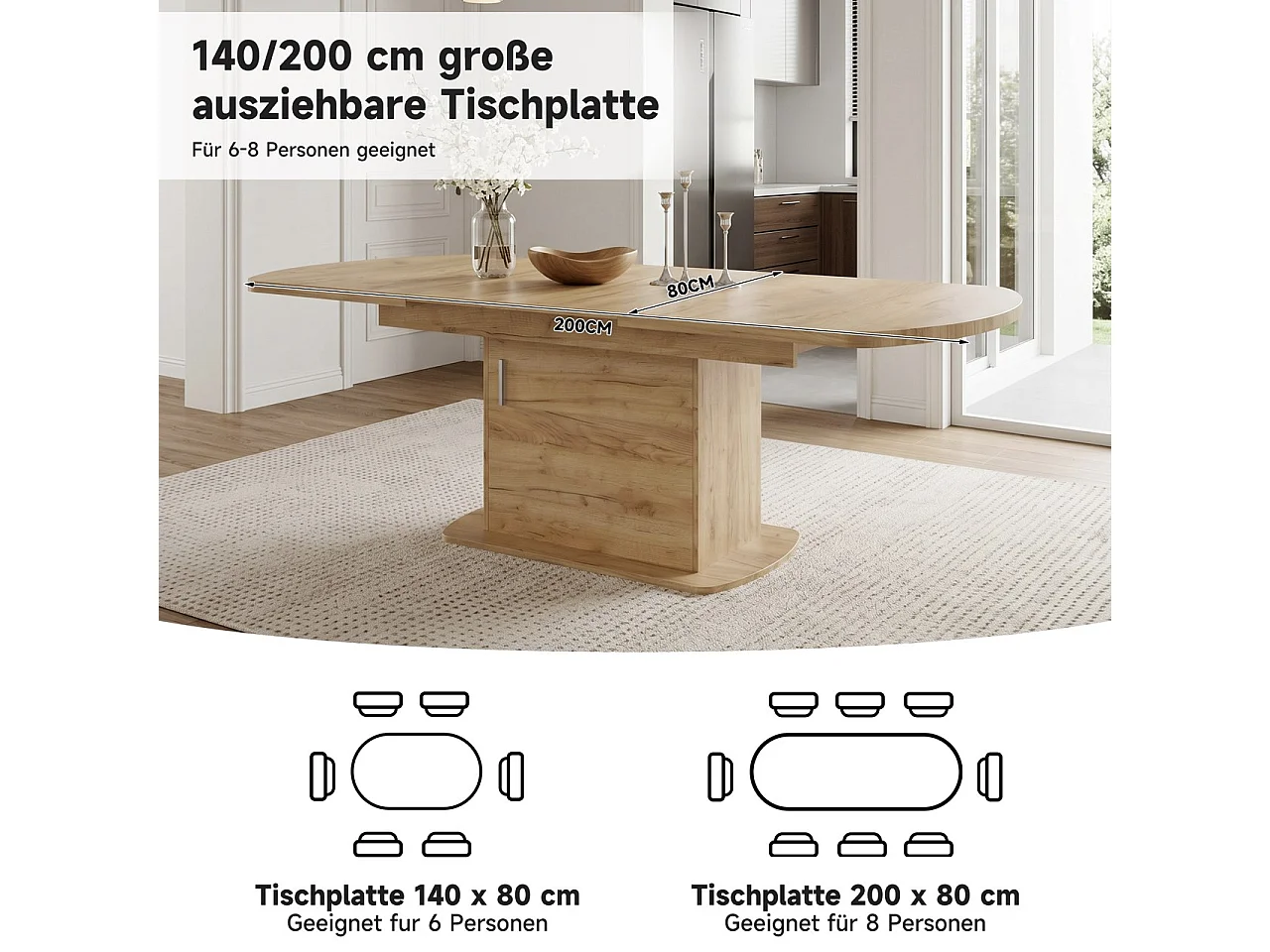 Table à manger extensible 200 x 80 cm pour 4 à 6 couverts avec 1 porte - Panneaux de particules - Chêne