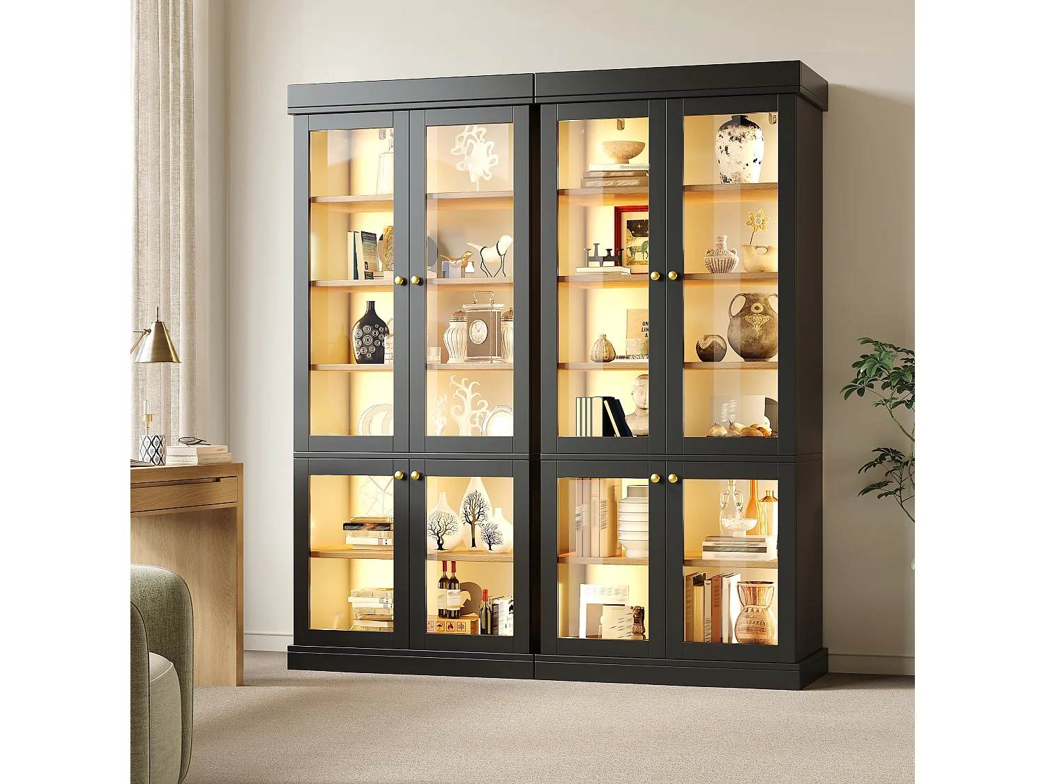 Set of 2 LED display cabinets with 8 glass doors and storage shelves - MDF and metal - 160 × 40 × 180 cm - Black