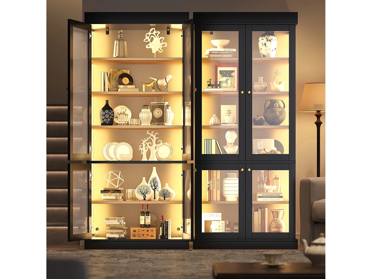Set of 2 LED display cabinets with 8 glass doors and storage shelves - MDF and metal - 160 × 40 × 180 cm - Black