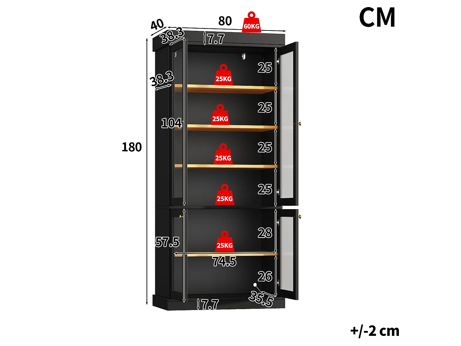 Set of 2 LED display cabinets with 8 glass doors and storage shelves - MDF and metal - 160 × 40 × 180 cm - Black
