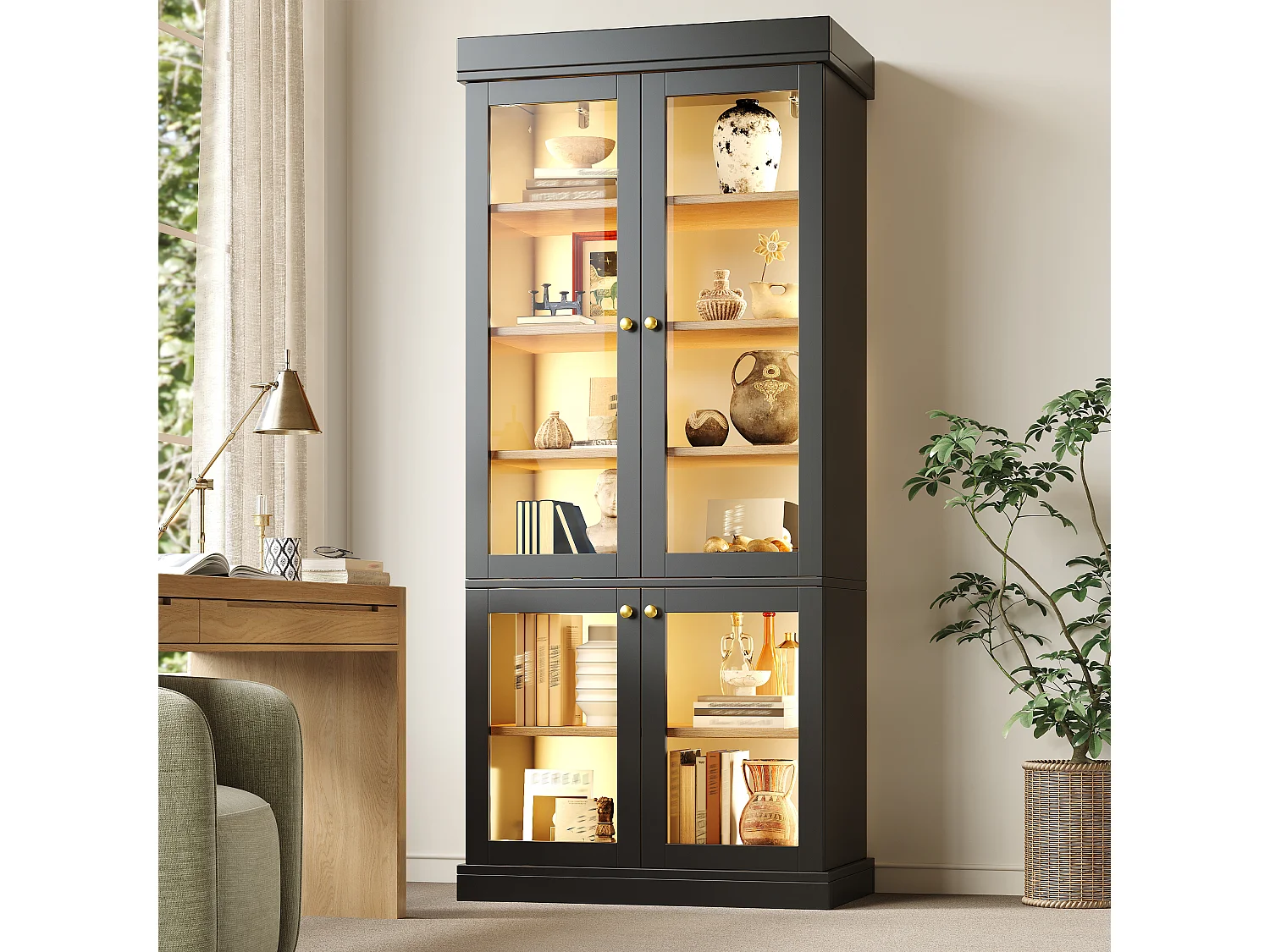 Set of 2 LED display cabinets with 8 glass doors and storage shelves - MDF and metal - 160 × 40 × 180 cm - Black