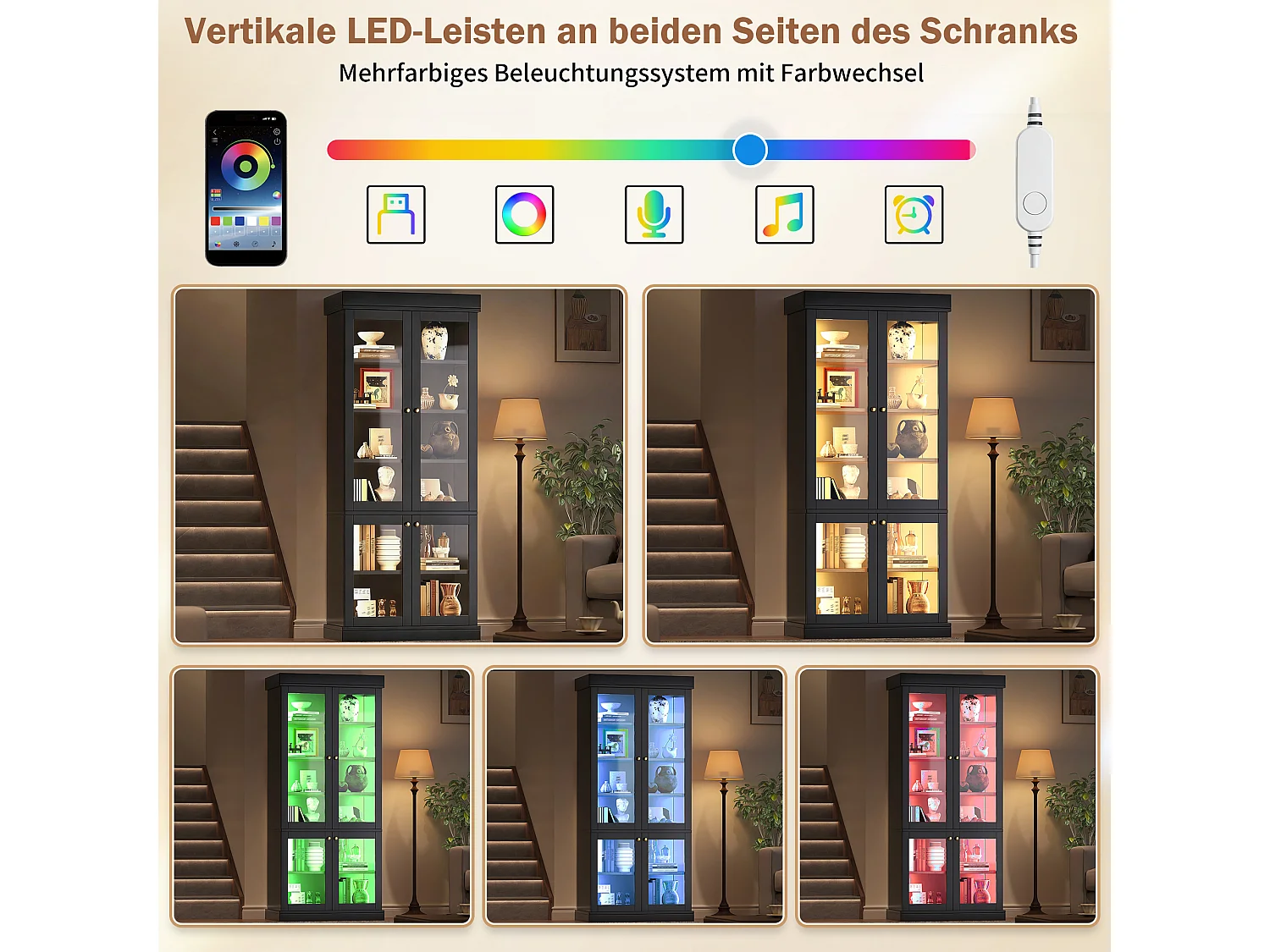 Set of 2 LED display cabinets with 8 glass doors and storage shelves - MDF and metal - 160 × 40 × 180 cm - Black