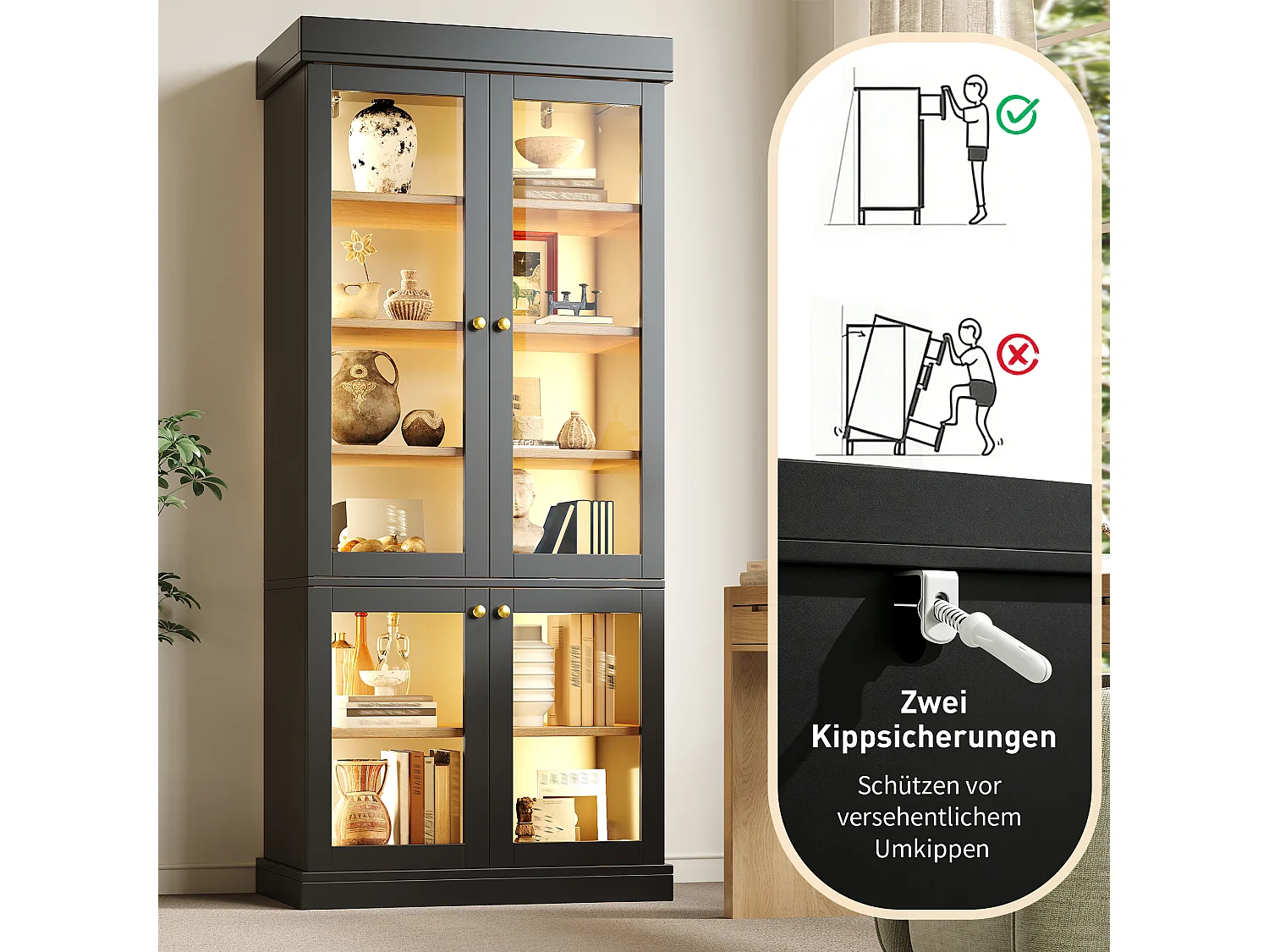 Set of 2 LED display cabinets with 8 glass doors and storage shelves - MDF and metal - 160 × 40 × 180 cm - Black