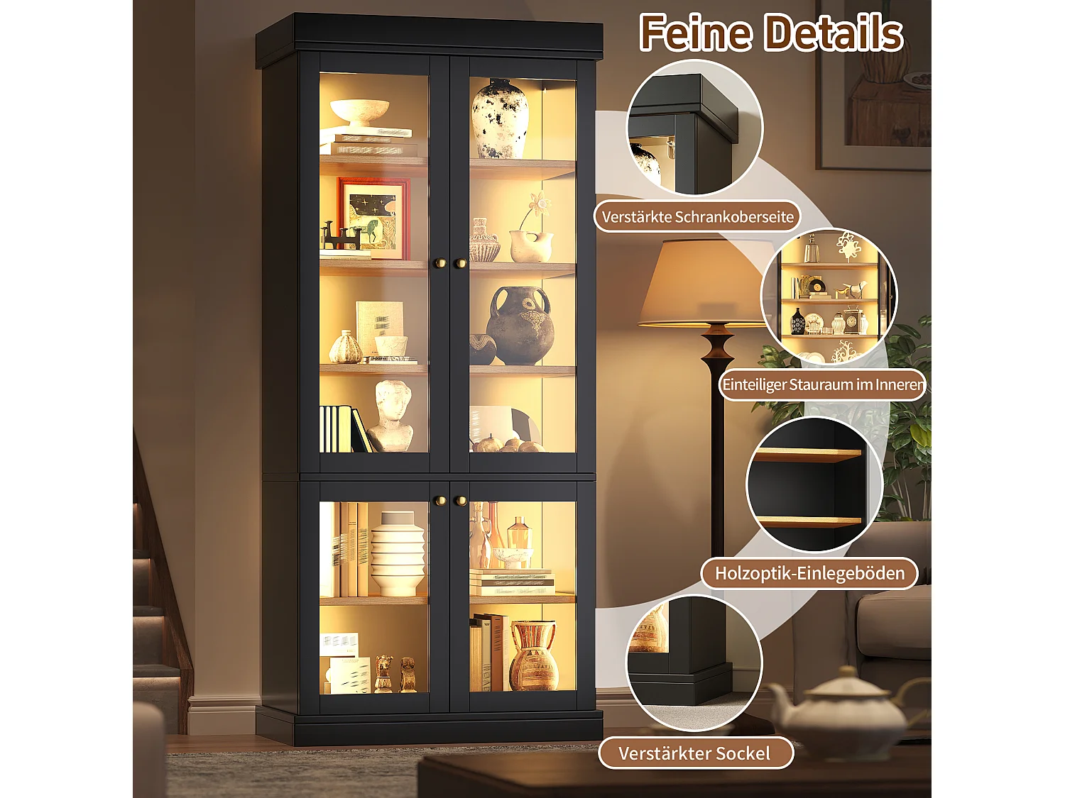 Set of 2 LED display cabinets with 8 glass doors and storage shelves - MDF and metal - 160 × 40 × 180 cm - Black