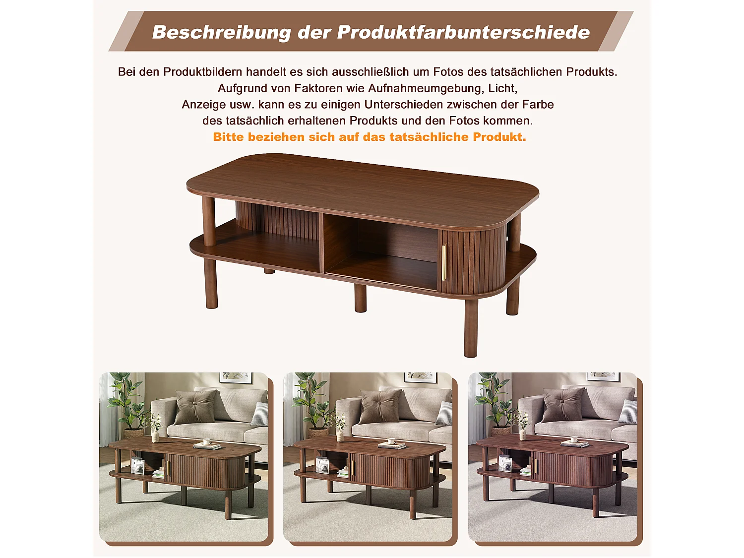 Table basse avec 2 portes enroulables, rangement double niveau et bords arrondis - MDF/bois - 110 x 55 x 45 cm - Bois naturel