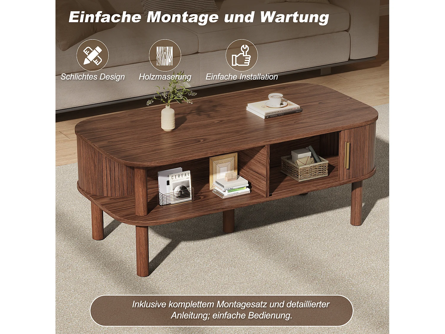 Table basse avec 2 portes enroulables, rangement double niveau et bords arrondis - MDF/bois - 110 x 55 x 45 cm - Bois naturel