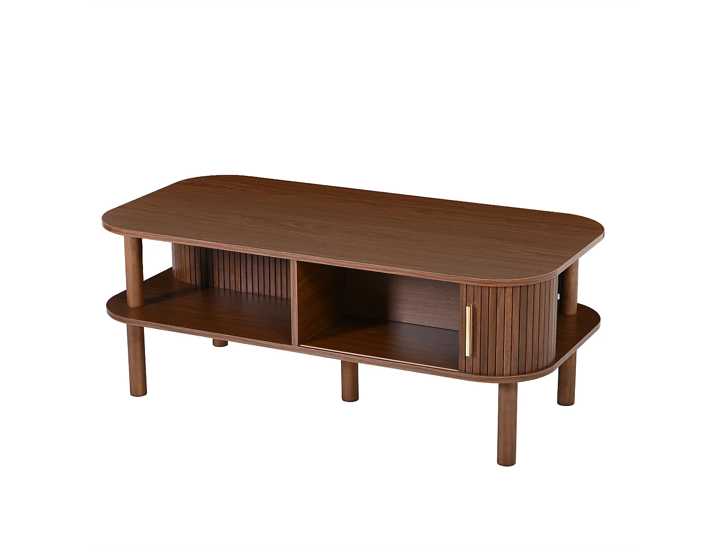 Table basse avec 2 portes enroulables, rangement double niveau et bords arrondis - MDF/bois - 110 x 55 x 45 cm - Bois naturel