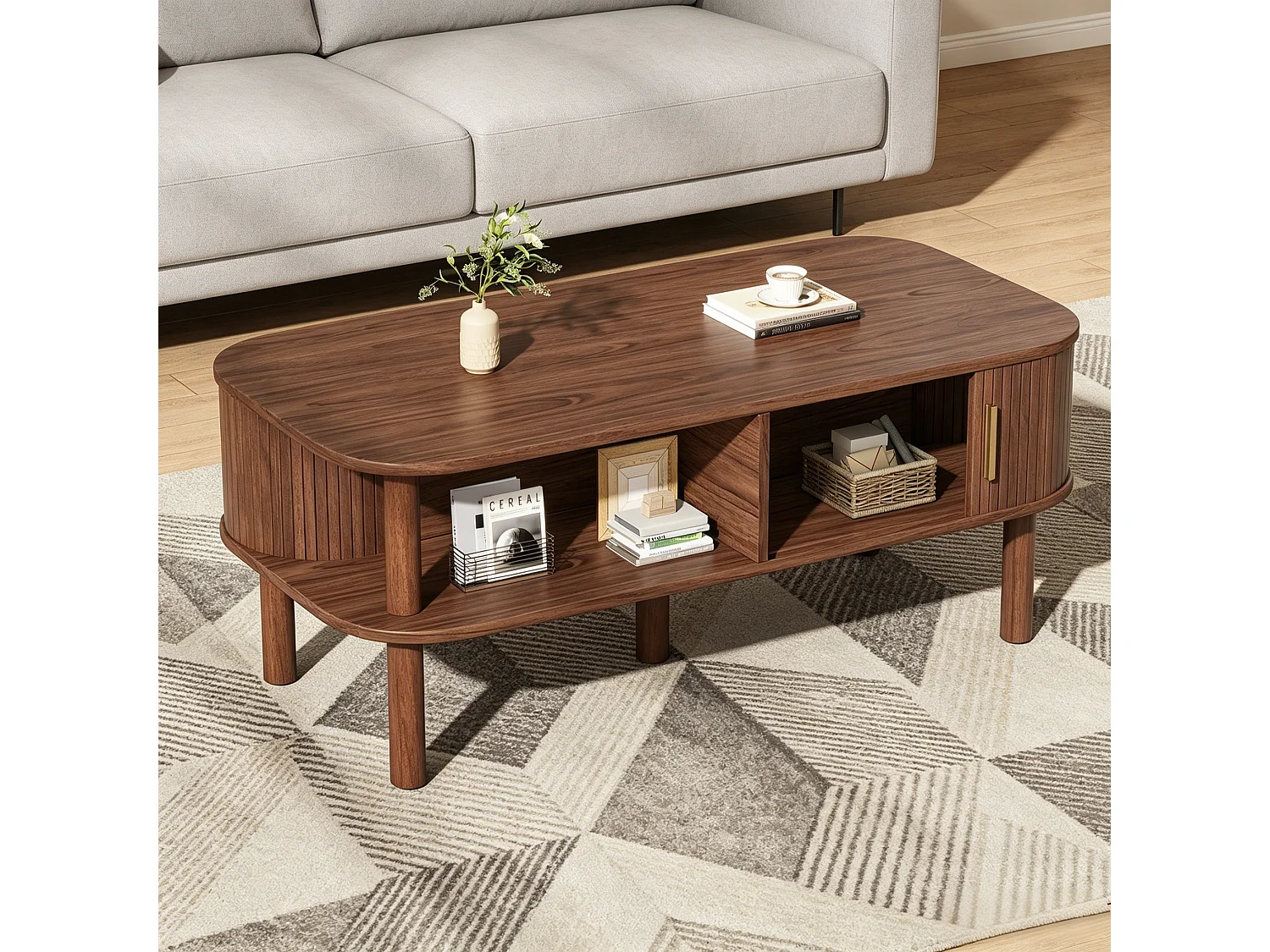 Table basse avec 2 portes enroulables, rangement double niveau et bords arrondis - MDF/bois - 110 x 55 x 45 cm - Bois naturel