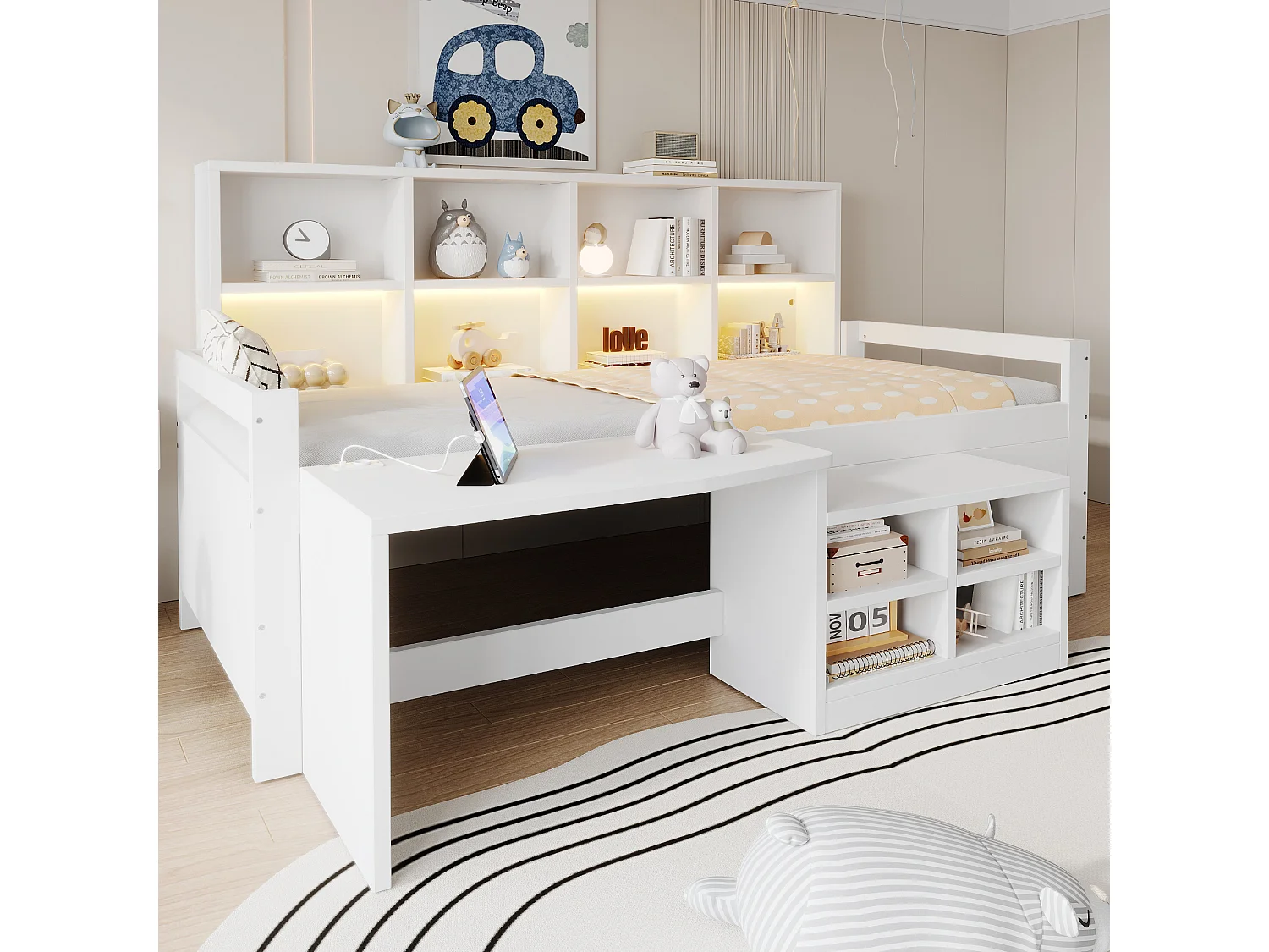 Multifunctional bed 90 x 200 cm with desk, storage, LED, USB and socket – Pine/MDF – White (Mattress not included)